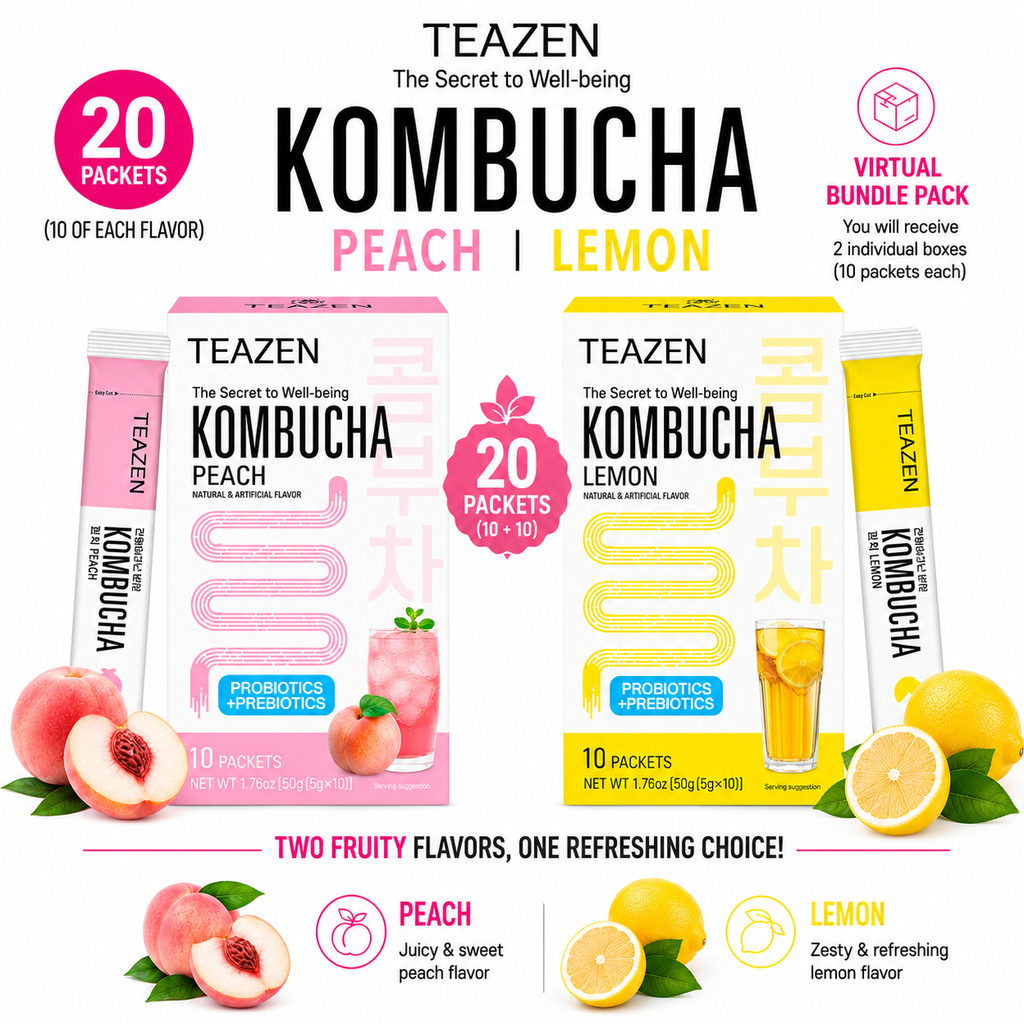 TEAZEN Korean Kombucha Rejuvenating Pack (Peach + Lemon) | Sugar-Free, Probiotic Gut Health Drink Mix | 20 Sachets (100g)
