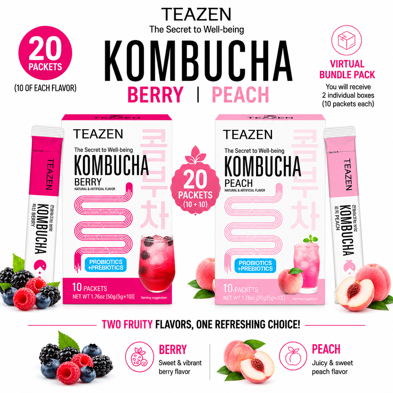 TEAZEN Korean Kombucha Refreshing Duo Pack (Peach + Berry) | Sugar-Free, Probiotic Gut Health Drink Mix | 20 Sachets (100g)