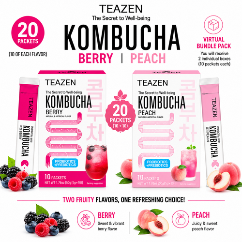 TEAZEN Korean Kombucha Refreshing Duo Pack (Peach + Berry) | Sugar-Free, Probiotic Gut Health Drink Mix | 20 Sachets (100g)