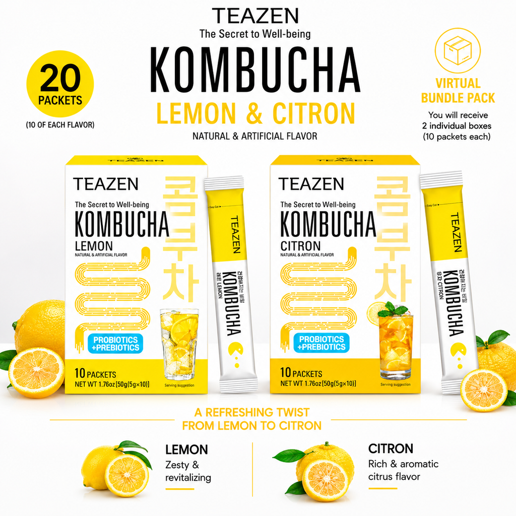 TEAZEN Korean Kombucha Citrus Duo Pack (Citron + Lemon) | Sugar-Free, Probiotic Gut Health Drink Mix | 20 Sachets (100g)