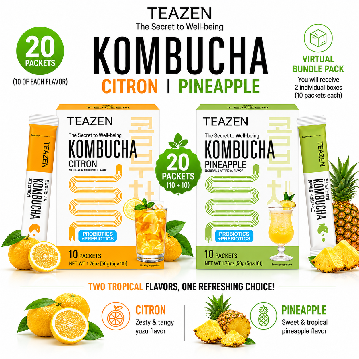 TEAZEN Korean Kombucha Tropical Citrus Pack (Citron + Pineapple) | Sugar-Free, Probiotic Gut Health Drink Mix | 20 Sachets (100g)