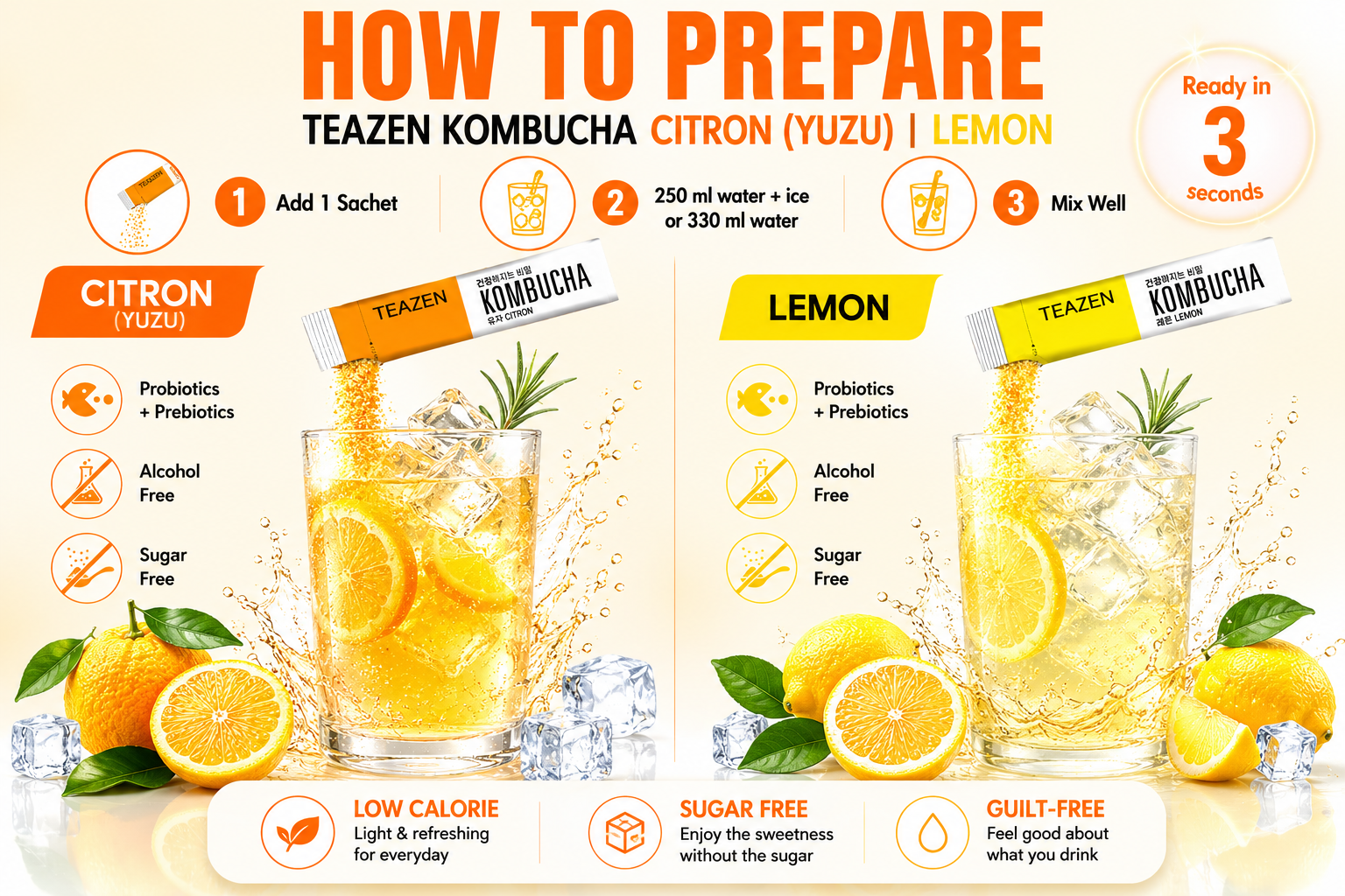TEAZEN Korean Kombucha Citrus Duo Pack (Citron + Lemon) | Sugar-Free, Probiotic Gut Health Drink Mix | 20 Sachets (100g)