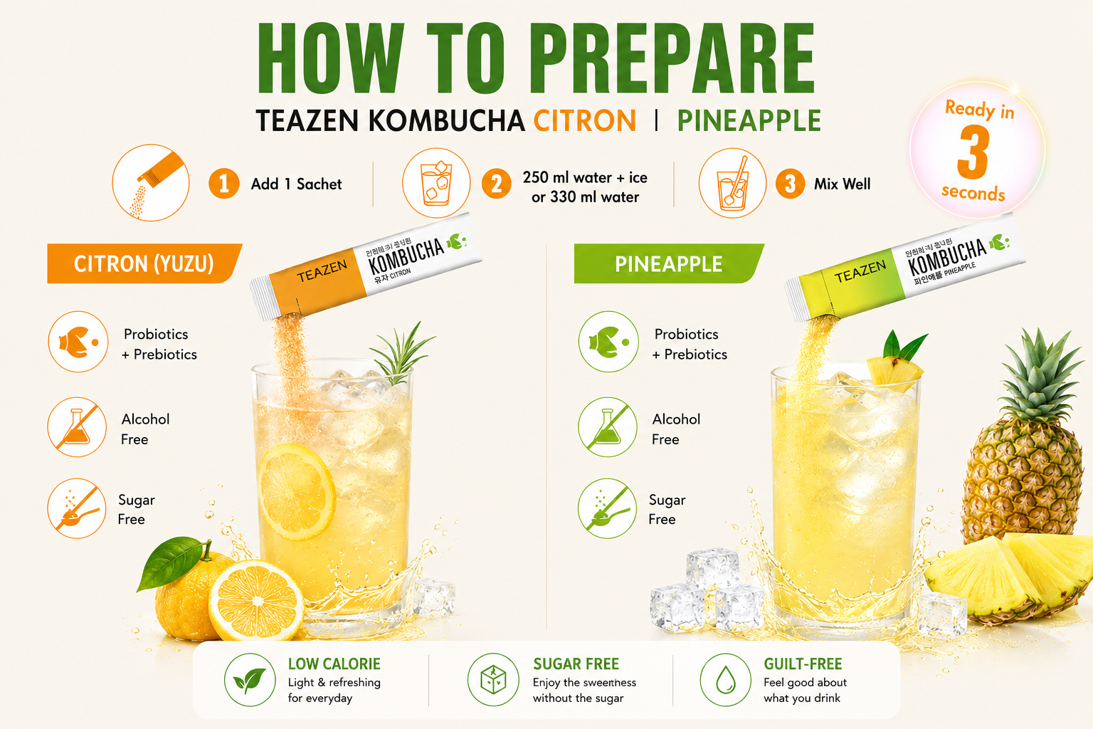 TEAZEN Korean Kombucha Tropical Citrus Pack (Citron + Pineapple) | Sugar-Free, Probiotic Gut Health Drink Mix | 20 Sachets (100g)