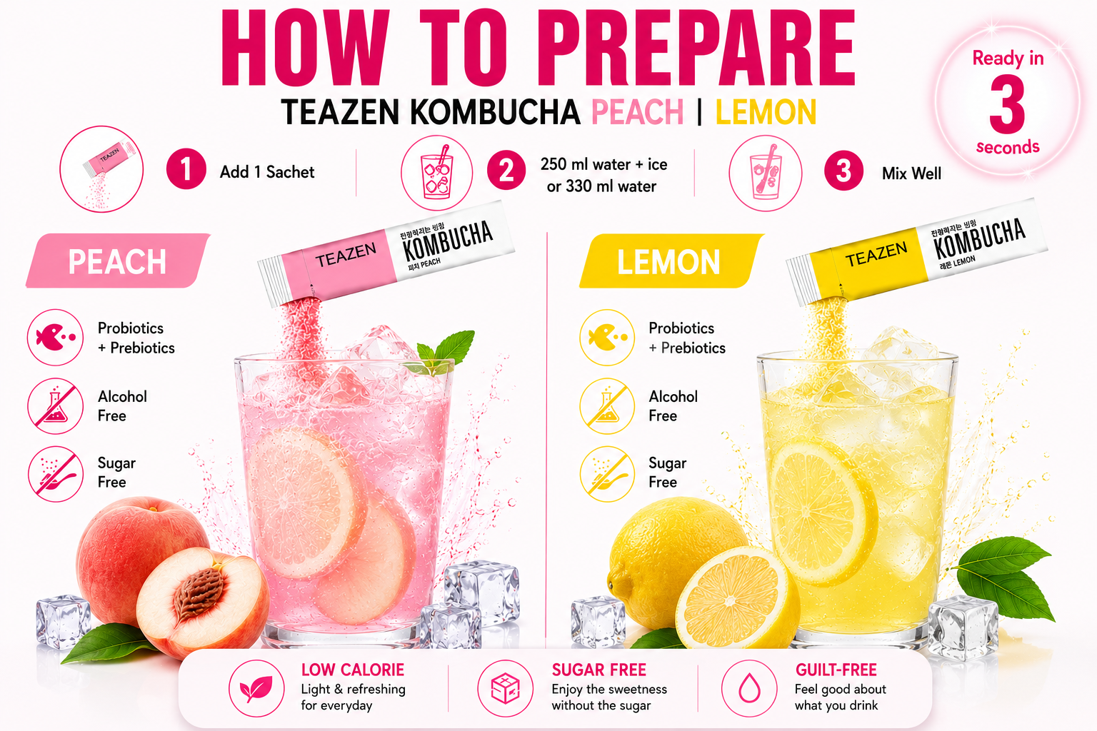 TEAZEN Korean Kombucha Rejuvenating Pack (Peach + Lemon) | Sugar-Free, Probiotic Gut Health Drink Mix | 20 Sachets (100g)