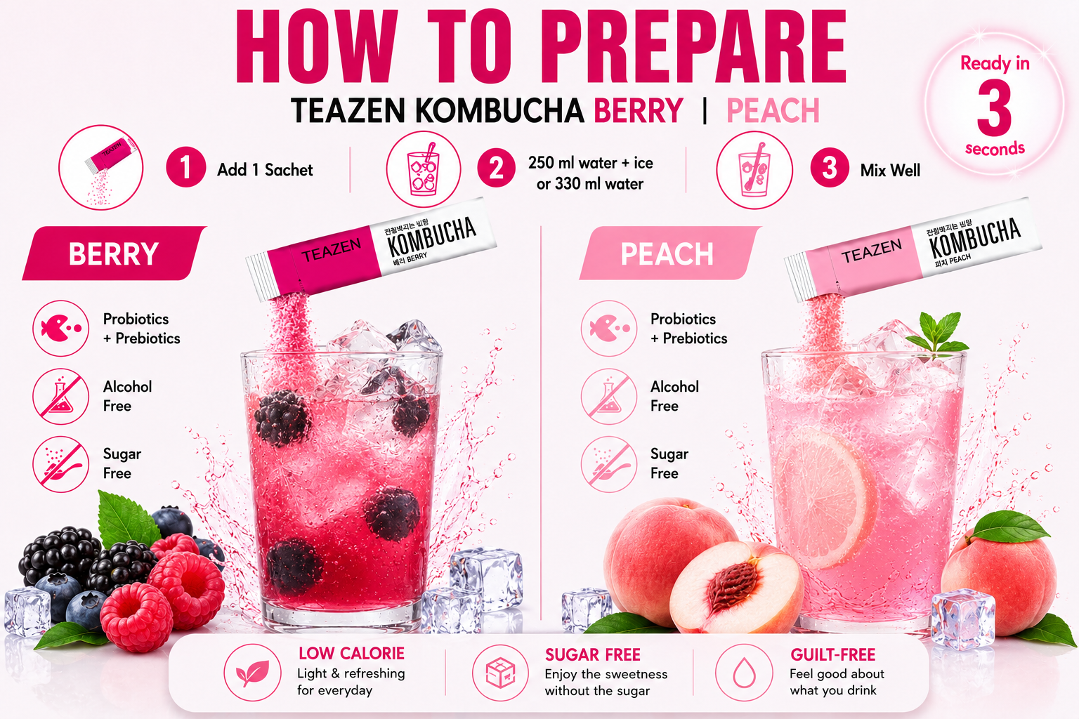 TEAZEN Korean Kombucha Refreshing Duo Pack (Peach + Berry) | Sugar-Free, Probiotic Gut Health Drink Mix | 20 Sachets (100g)