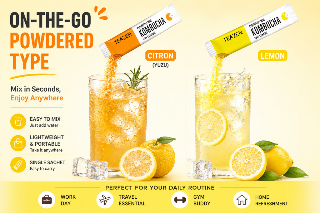 TEAZEN Korean Kombucha Citrus Duo Pack (Citron + Lemon) | Sugar-Free, Probiotic Gut Health Drink Mix | 20 Sachets (100g)
