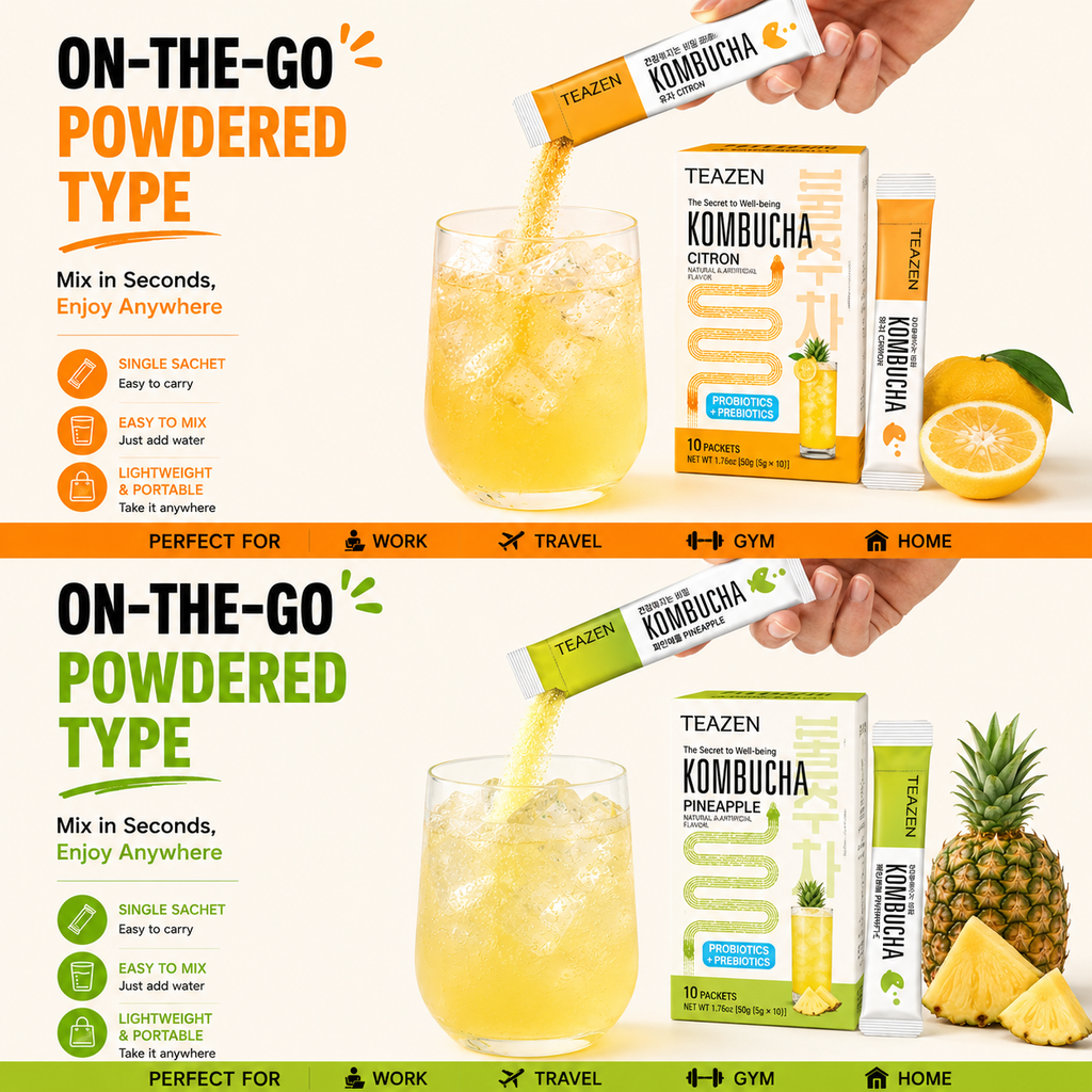 TEAZEN Korean Kombucha Tropical Citrus Pack (Citron + Pineapple) | Sugar-Free, Probiotic Gut Health Drink Mix | 20 Sachets (100g)