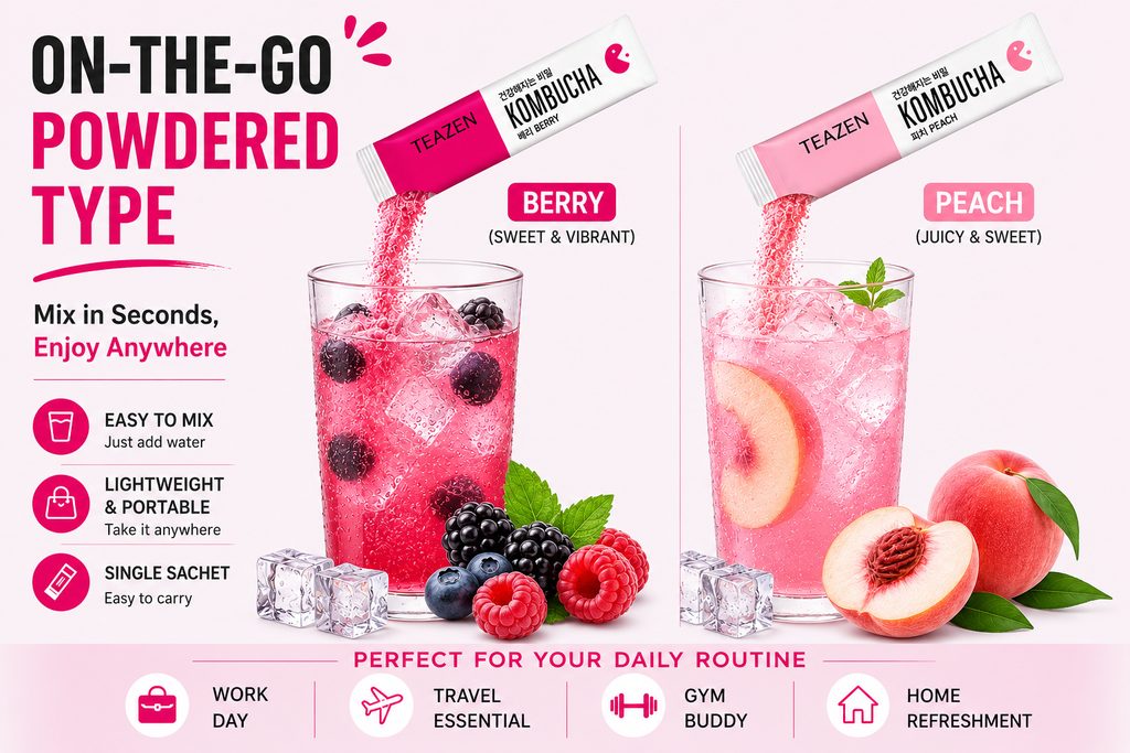 TEAZEN Korean Kombucha Refreshing Duo Pack (Peach + Berry) | Sugar-Free, Probiotic Gut Health Drink Mix | 20 Sachets (100g)