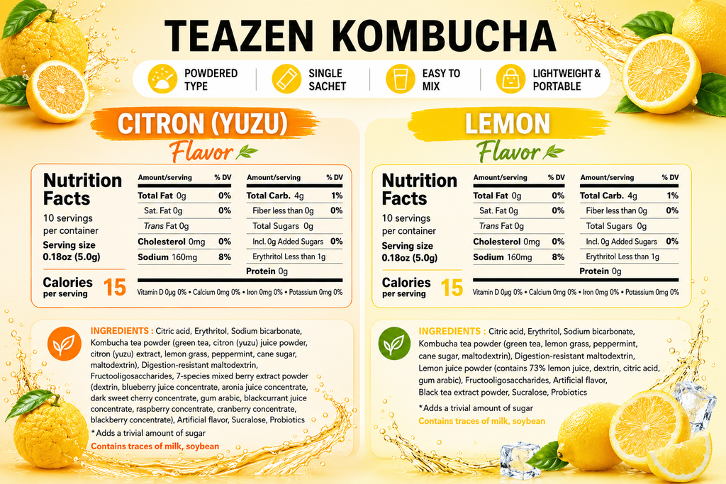 TEAZEN Korean Kombucha Citrus Duo Pack (Citron + Lemon) | Sugar-Free, Probiotic Gut Health Drink Mix | 20 Sachets (100g)