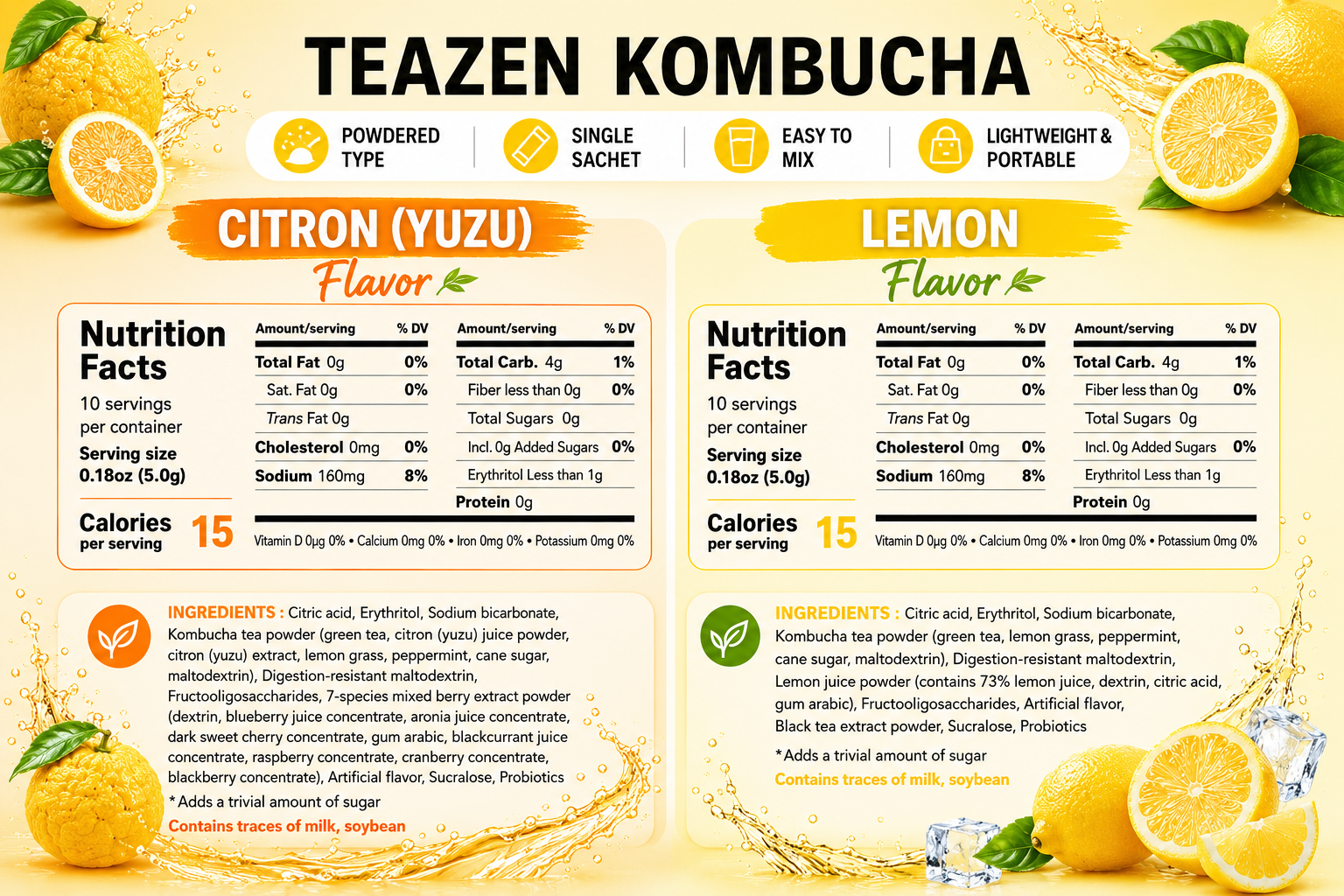 TEAZEN Korean Kombucha Citrus Duo Pack (Citron + Lemon) | Sugar-Free, Probiotic Gut Health Drink Mix | 20 Sachets (100g)