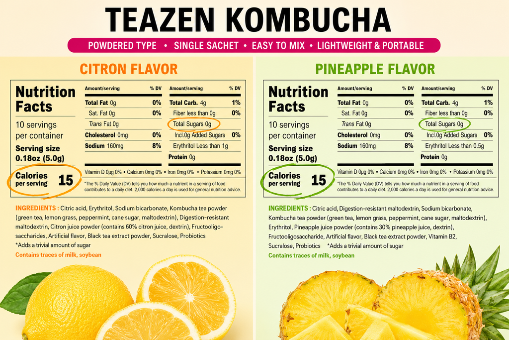 TEAZEN Korean Kombucha Tropical Citrus Pack (Citron + Pineapple) | Sugar-Free, Probiotic Gut Health Drink Mix | 20 Sachets (100g)