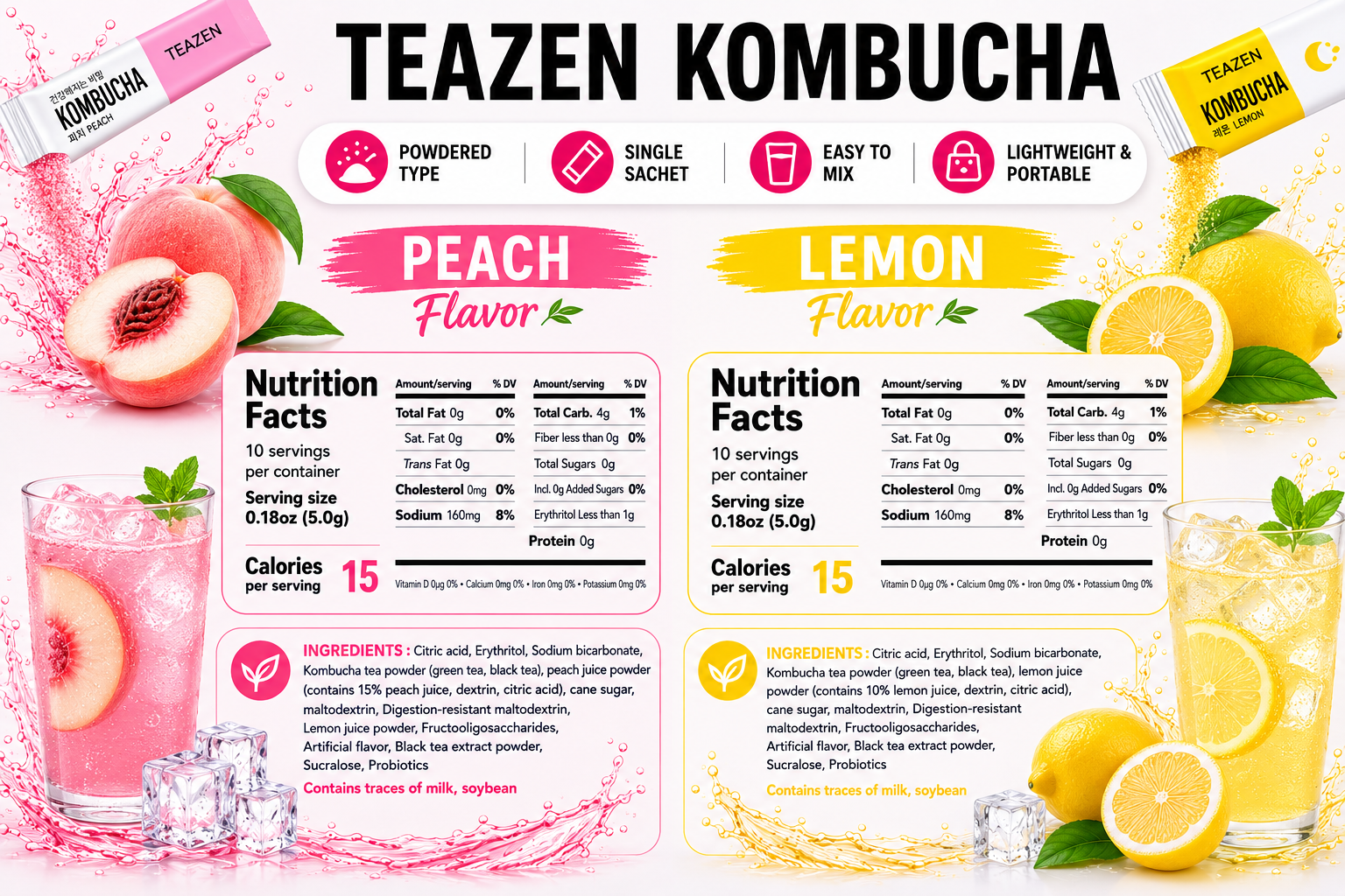 TEAZEN Korean Kombucha Rejuvenating Pack (Peach + Lemon) | Sugar-Free, Probiotic Gut Health Drink Mix | 20 Sachets (100g)