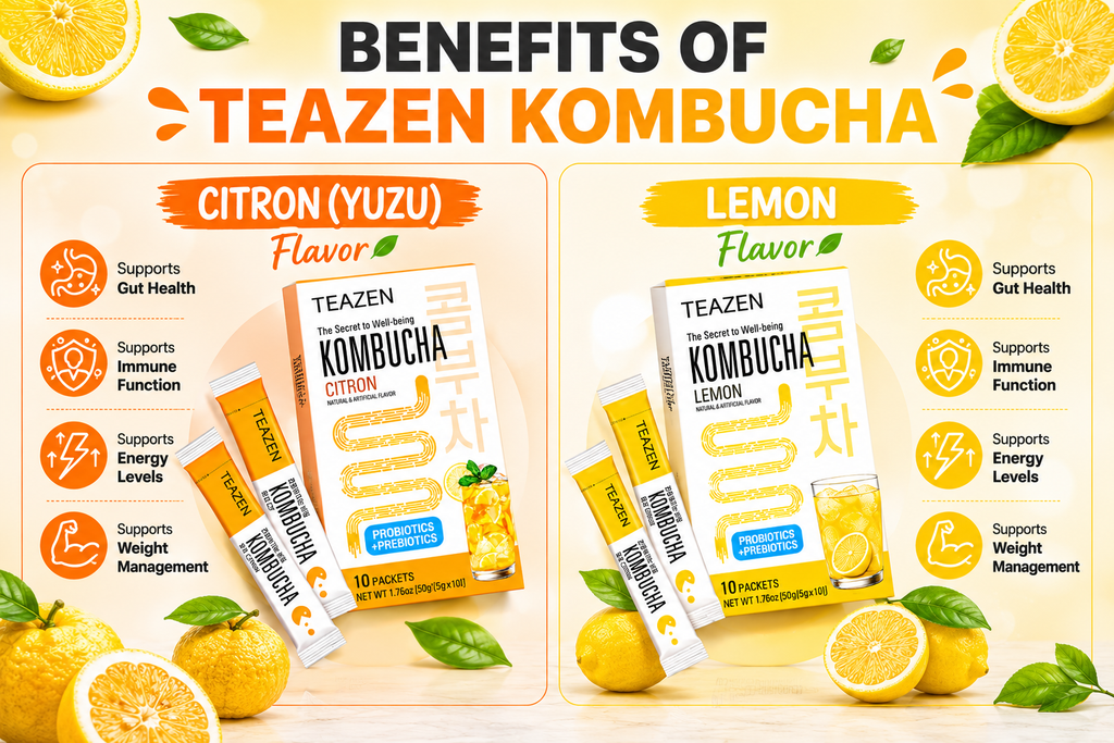 TEAZEN Korean Kombucha Citrus Duo Pack (Citron + Lemon) | Sugar-Free, Probiotic Gut Health Drink Mix | 20 Sachets (100g)