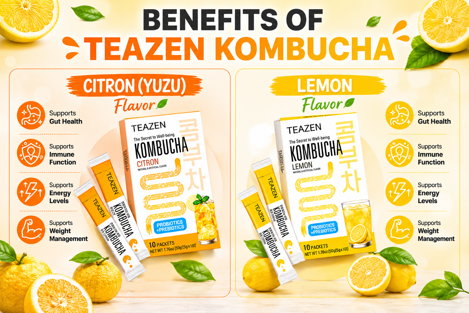 TEAZEN Korean Kombucha Citrus Duo Pack (Citron + Lemon) | Sugar-Free, Probiotic Gut Health Drink Mix | 20 Sachets (100g)