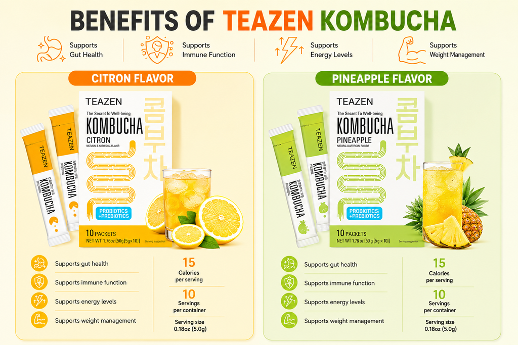 TEAZEN Korean Kombucha Tropical Citrus Pack (Citron + Pineapple) | Sugar-Free, Probiotic Gut Health Drink Mix | 20 Sachets (100g)