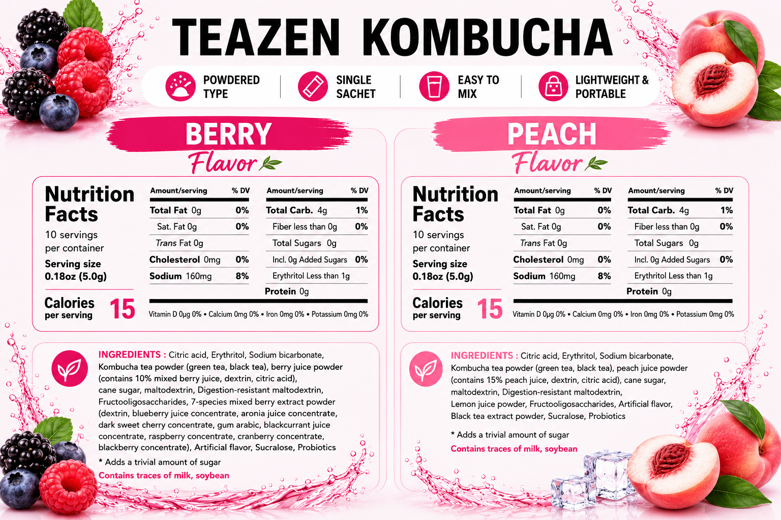 TEAZEN Korean Kombucha Refreshing Duo Pack (Peach + Berry) | Sugar-Free, Probiotic Gut Health Drink Mix | 20 Sachets (100g)