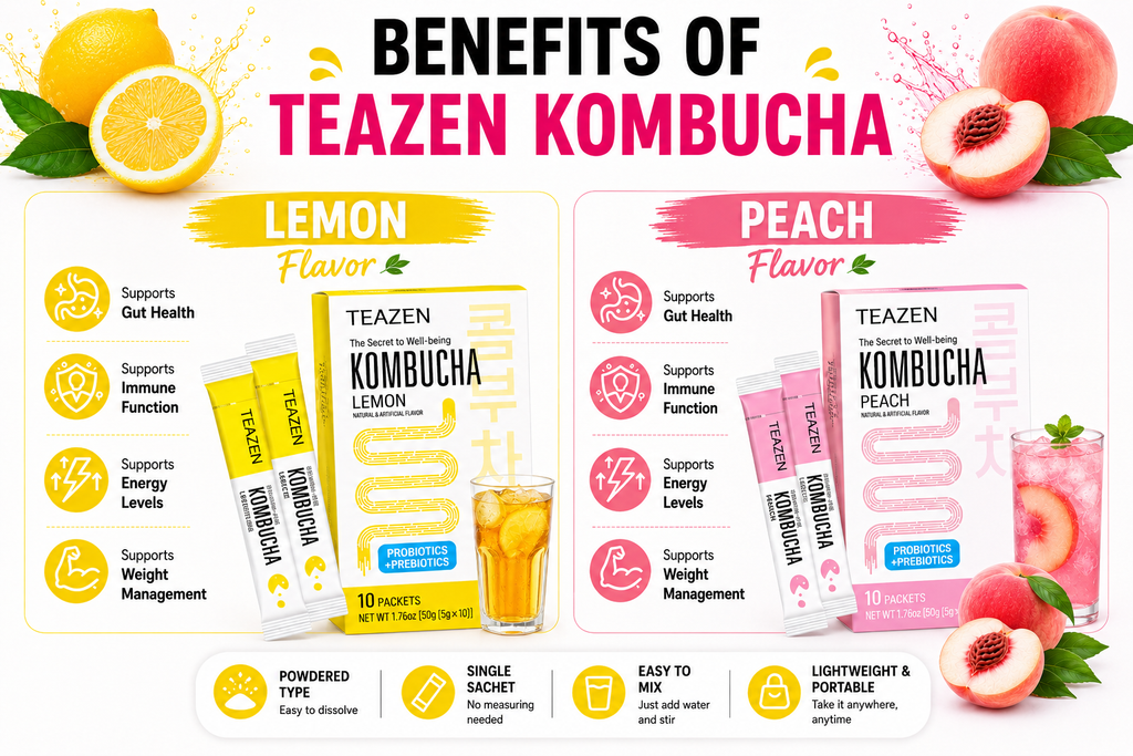 TEAZEN Korean Kombucha Rejuvenating Pack (Peach + Lemon) | Sugar-Free, Probiotic Gut Health Drink Mix | 20 Sachets (100g)