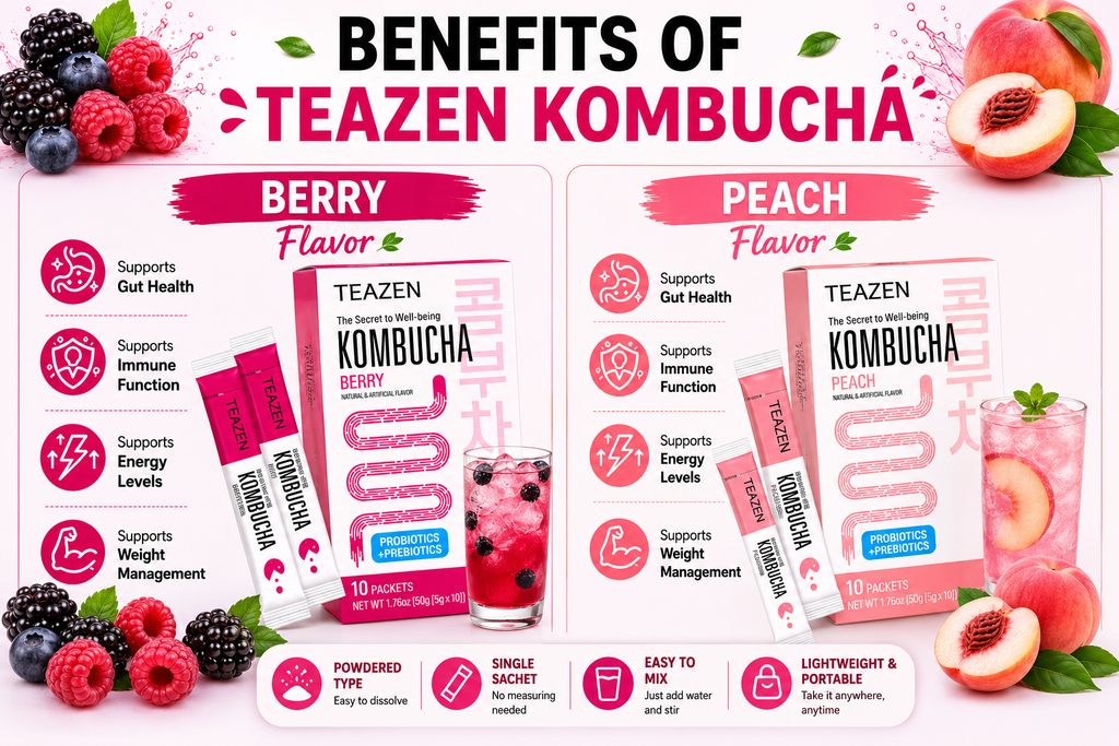 TEAZEN Korean Kombucha Refreshing Duo Pack (Peach + Berry) | Sugar-Free, Probiotic Gut Health Drink Mix | 20 Sachets (100g)