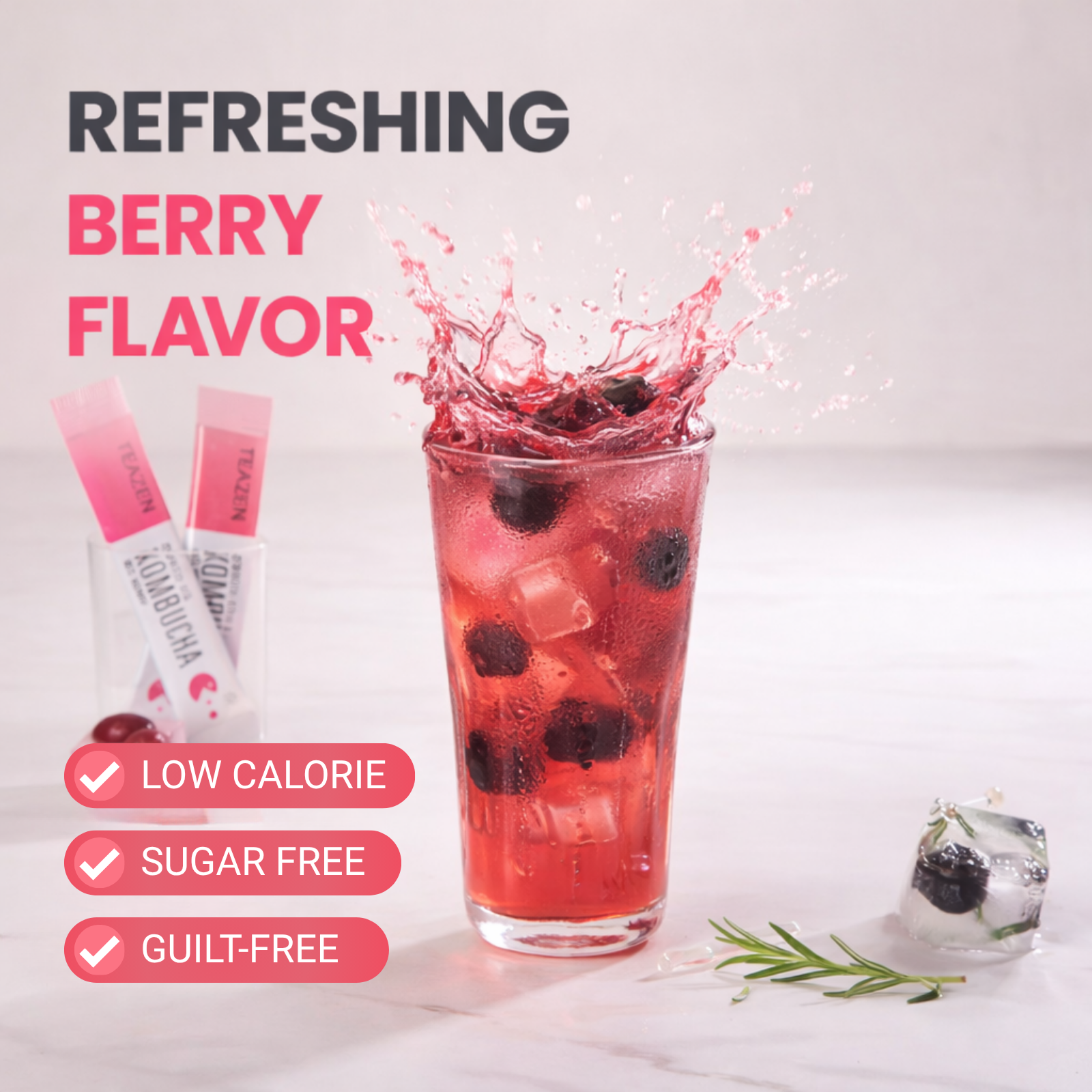 TEAZEN Berry Kombucha | Sugar-Free Probiotic Gut Health Drink Mix | 10 Sachets (50g)