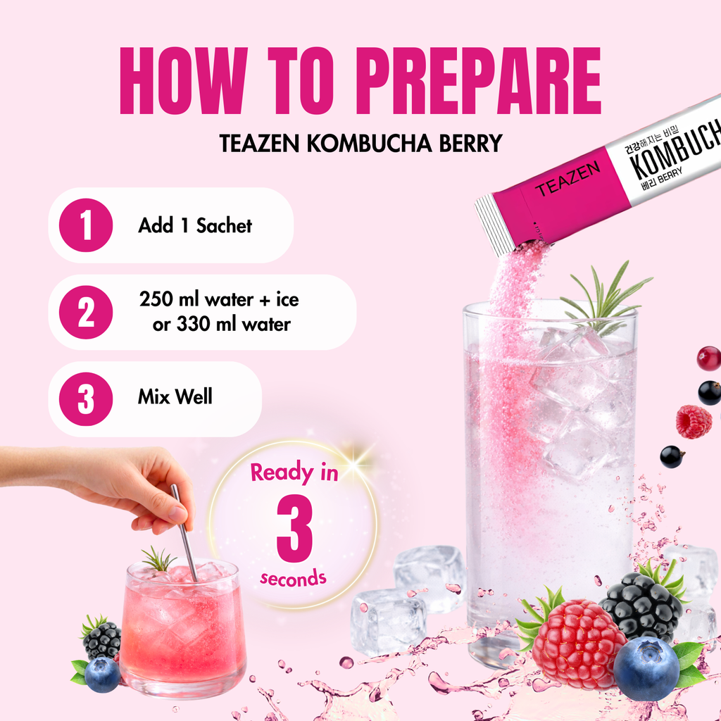 TEAZEN Berry Kombucha | Sugar-Free Probiotic Gut Health Drink Mix | 10 Sachets (50g)