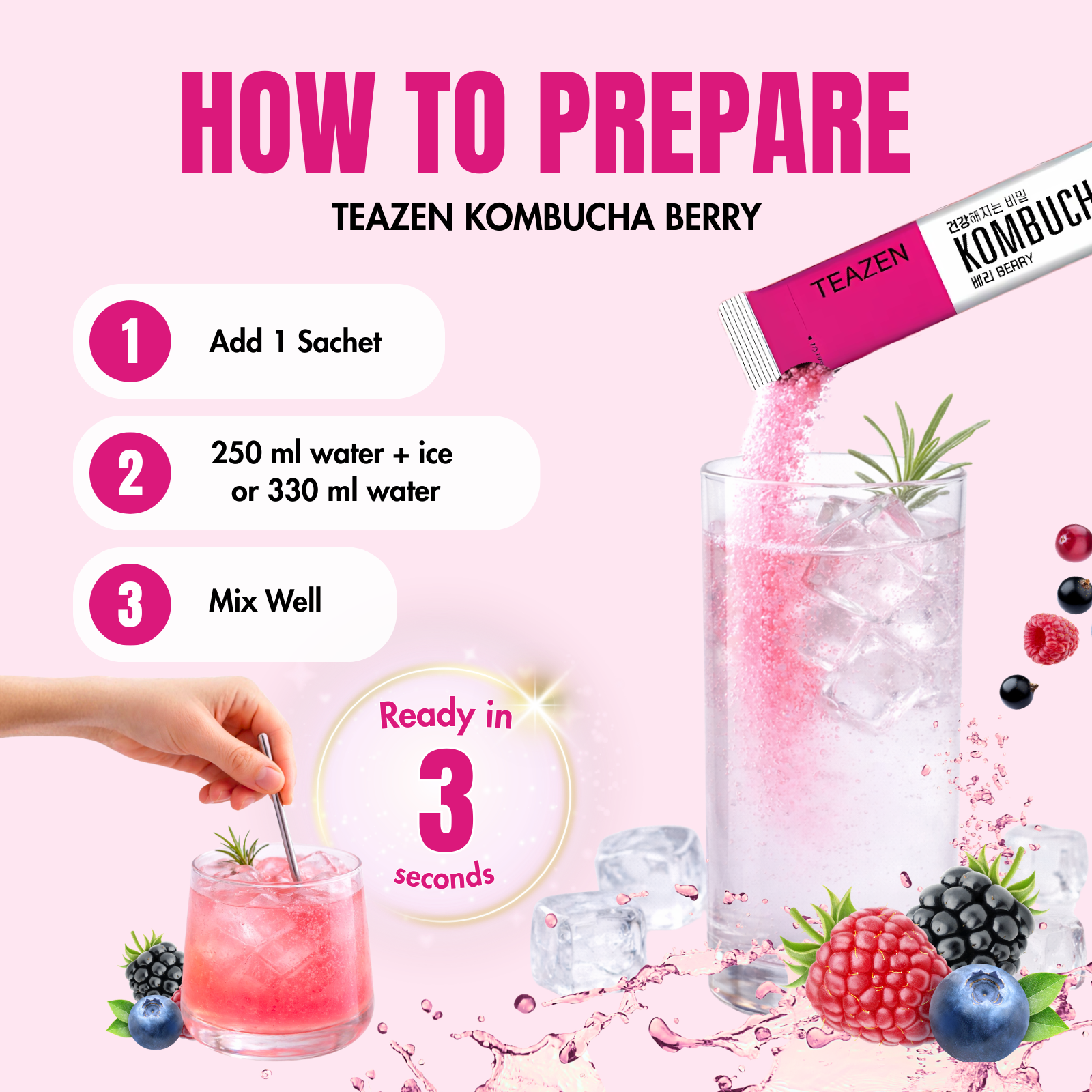 TEAZEN Berry Kombucha | Sugar-Free Probiotic Gut Health Drink Mix | 10 Sachets (50g)