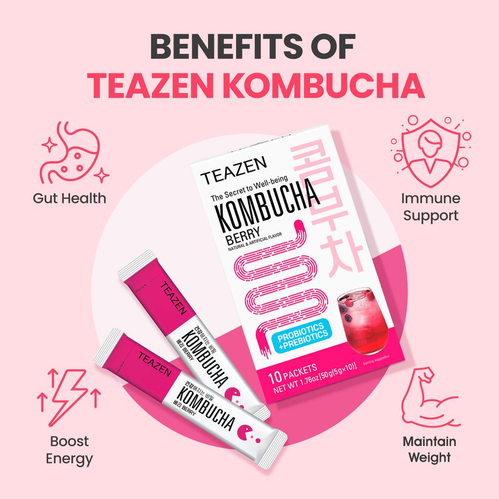 TEAZEN Berry Kombucha | Sugar-Free Probiotic Gut Health Drink Mix | 10 Sachets (50g)