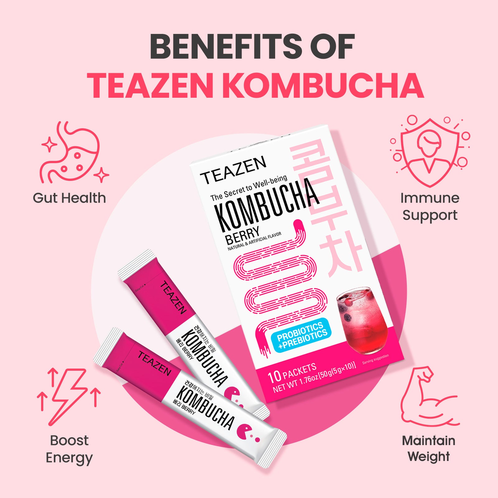 TEAZEN Berry Kombucha | Sugar-Free Probiotic Gut Health Drink Mix | 10 Sachets (50g)