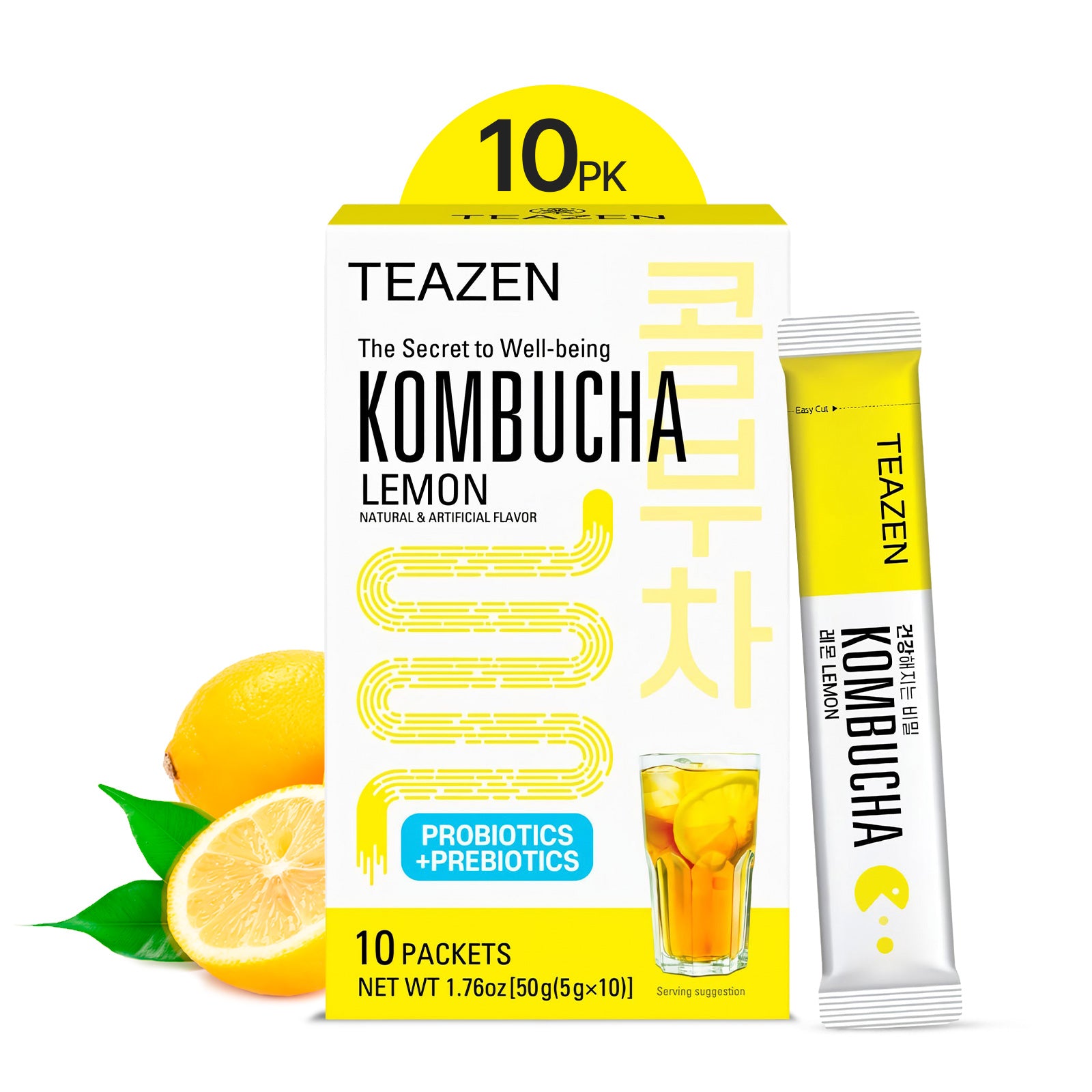 Teazen Lemon Kombucha | Sugar-Free Probiotic Gut Health Drink Mix | 10 Sachets (50g)