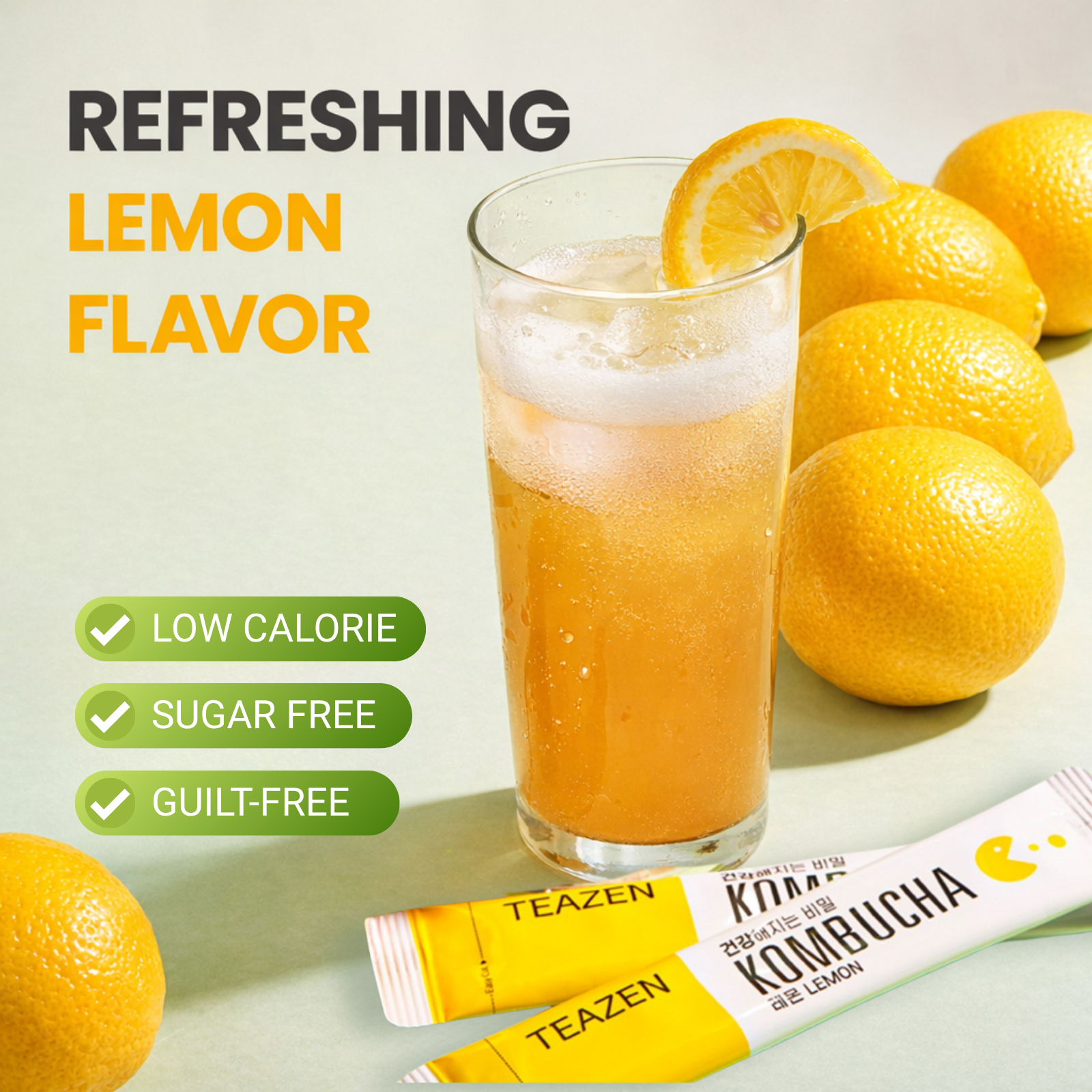 Teazen Lemon Kombucha | Sugar-Free Probiotic Gut Health Drink Mix | 10 Sachets (50g)