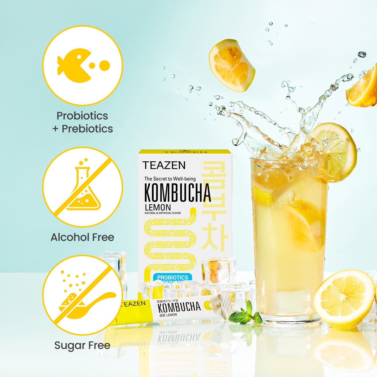 Teazen Lemon Kombucha | Sugar-Free Probiotic Gut Health Drink Mix | 10 Sachets (50g)