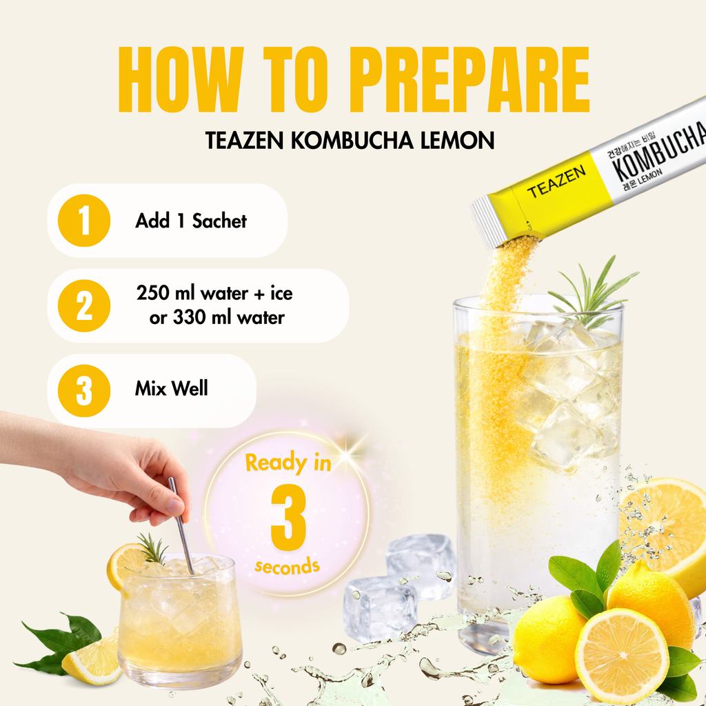 Teazen Lemon Kombucha | Sugar-Free Probiotic Gut Health Drink Mix | 10 Sachets (50g)