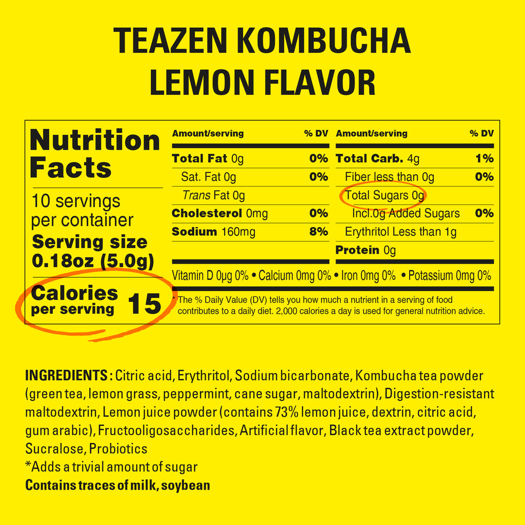 Teazen Lemon Kombucha | Sugar-Free Probiotic Gut Health Drink Mix | 10 Sachets (50g)