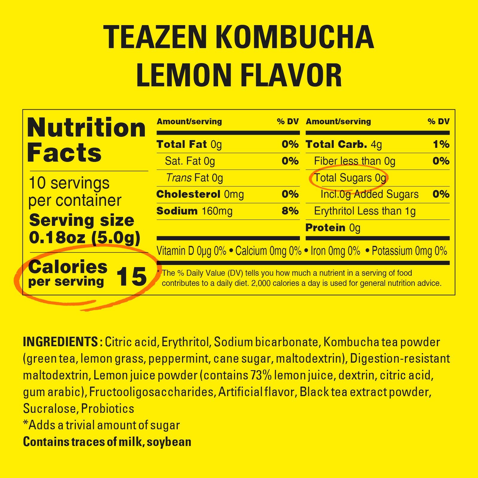 Teazen Lemon Kombucha | Sugar-Free Probiotic Gut Health Drink Mix | 10 Sachets (50g)