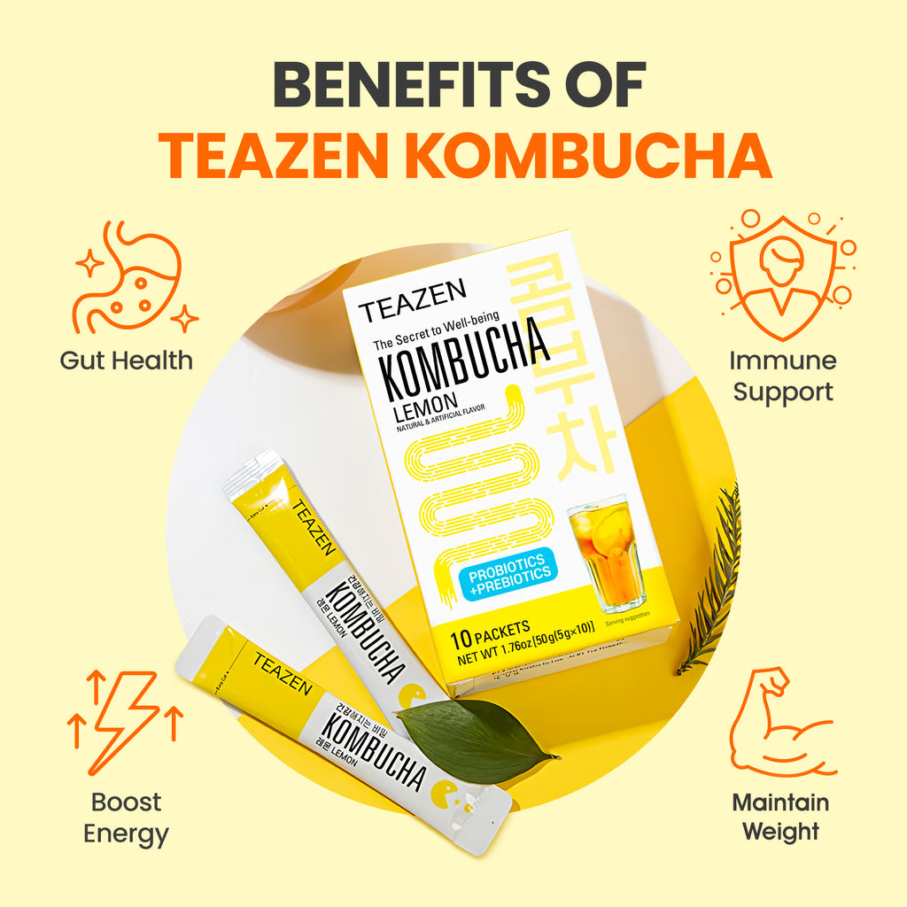 Teazen Lemon Kombucha | Sugar-Free Probiotic Gut Health Drink Mix | 10 Sachets (50g)