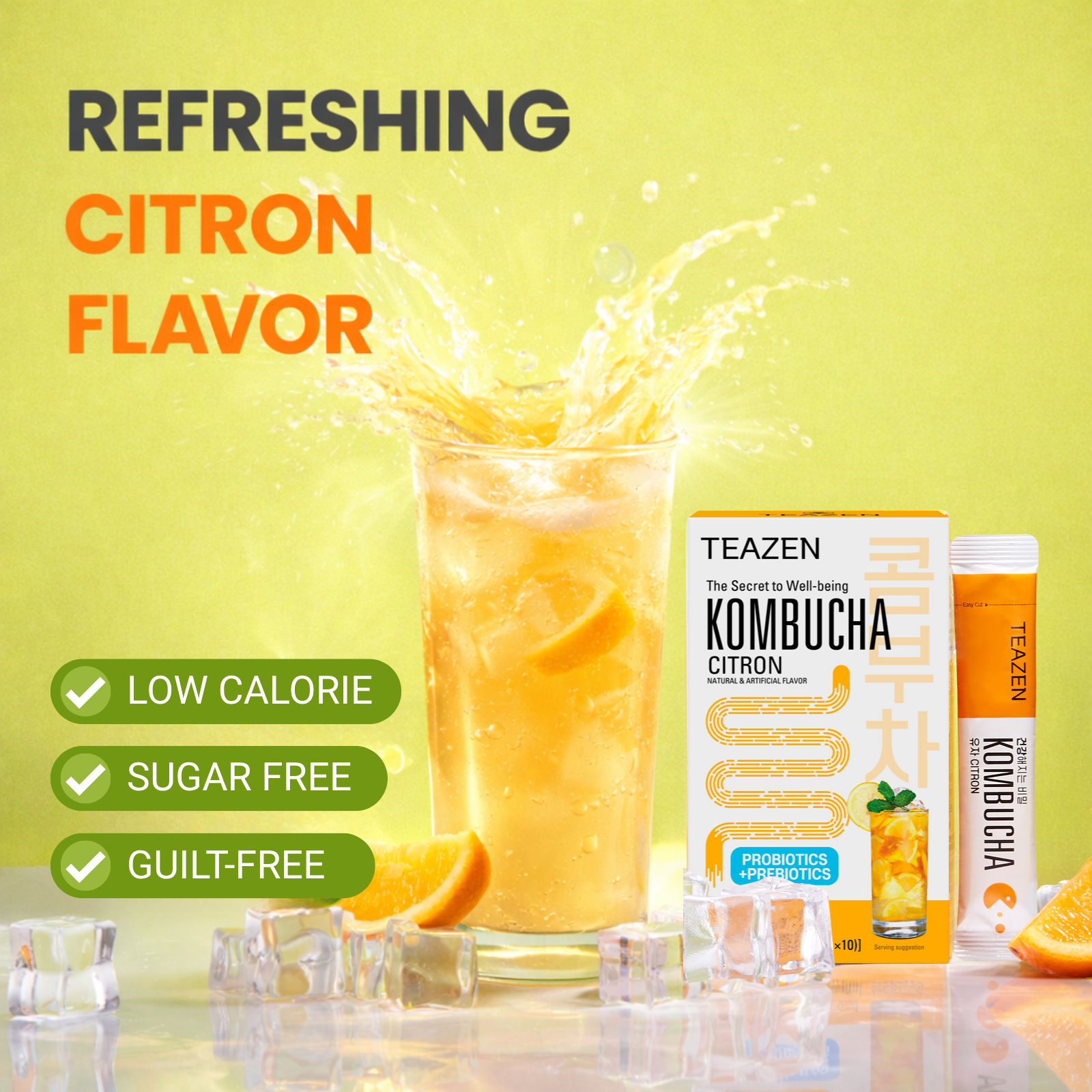 Teazen Citron Kombucha | Sugar-Free Probiotic Gut Health Drink Mix | 10 Sachets (50g)