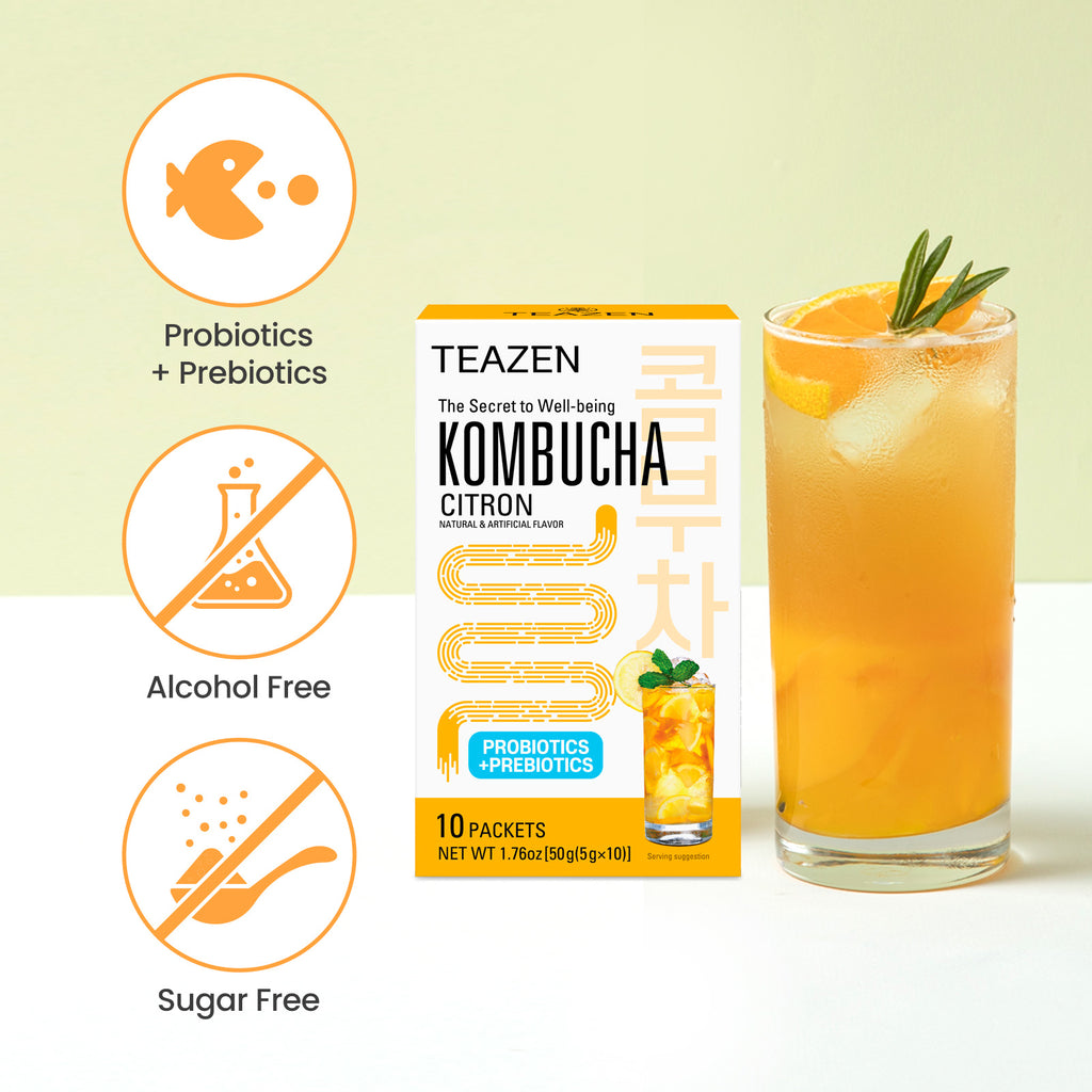 Teazen Citron Kombucha | Sugar-Free Probiotic Gut Health Drink Mix | 10 Sachets (50g)