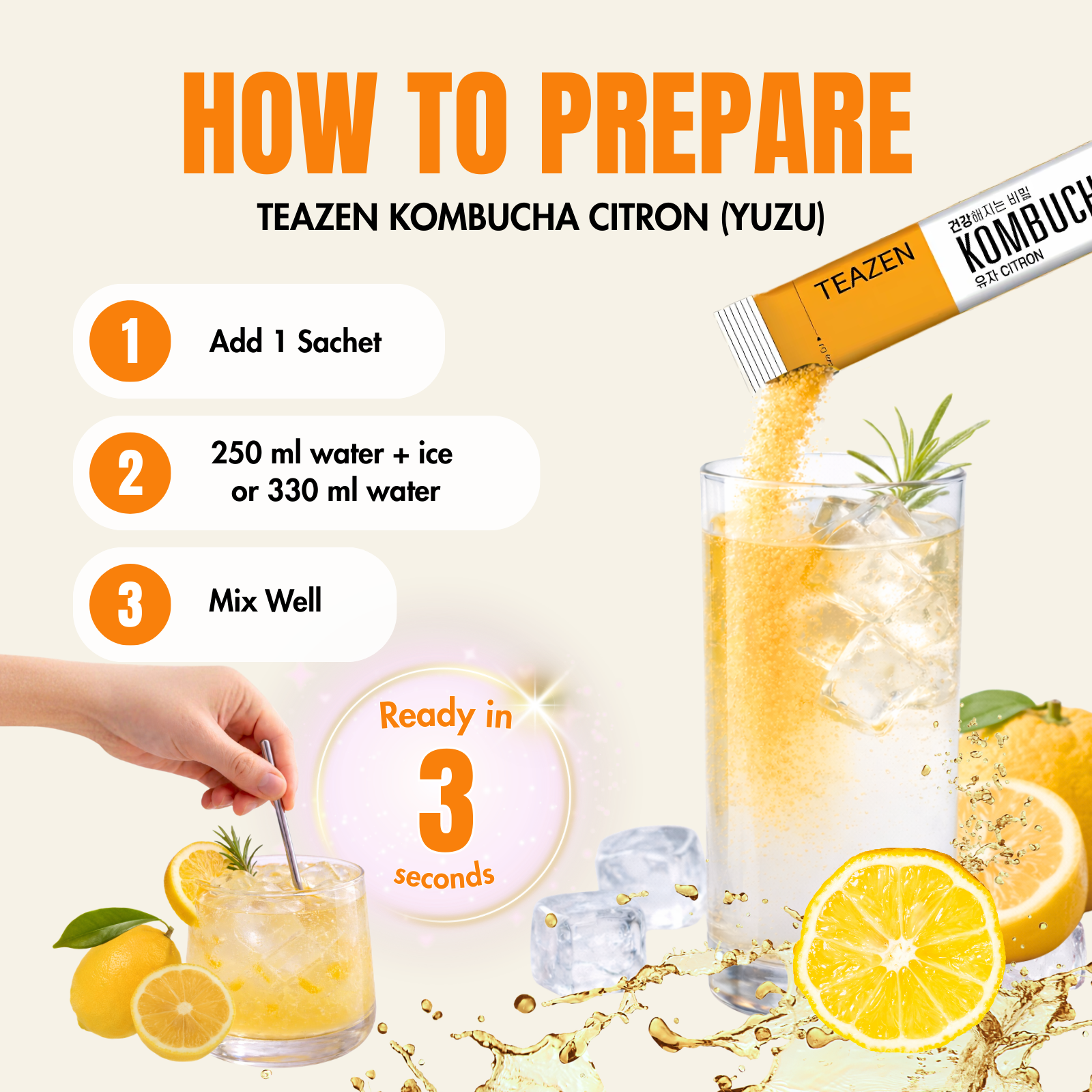 Teazen Citron Kombucha | Sugar-Free Probiotic Gut Health Drink Mix | 10 Sachets (50g)