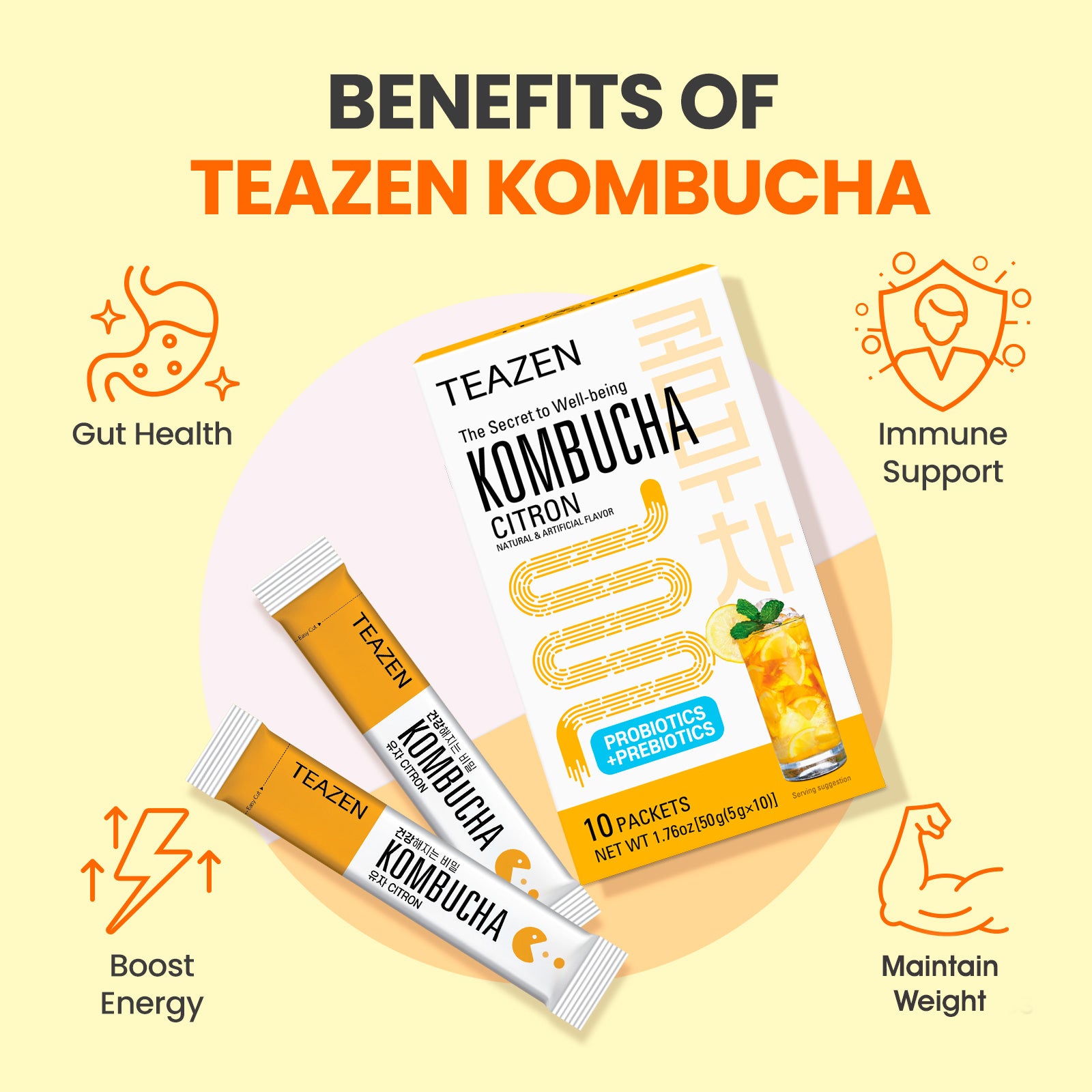 Teazen Citron Kombucha | Sugar-Free Probiotic Gut Health Drink Mix | 10 Sachets (50g)