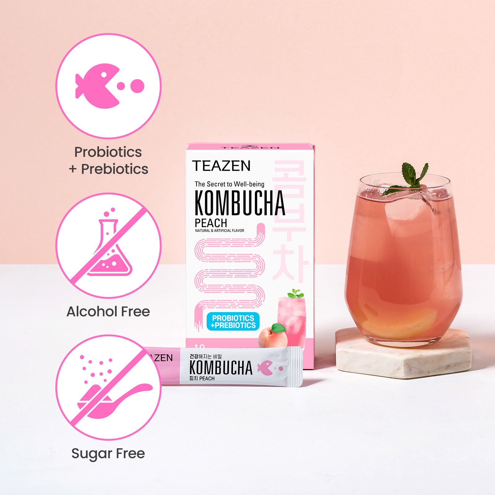 Teazen Peach Kombucha | Sugar-Free Probiotic Gut Health Drink Mix | 10 Sachets (50g)