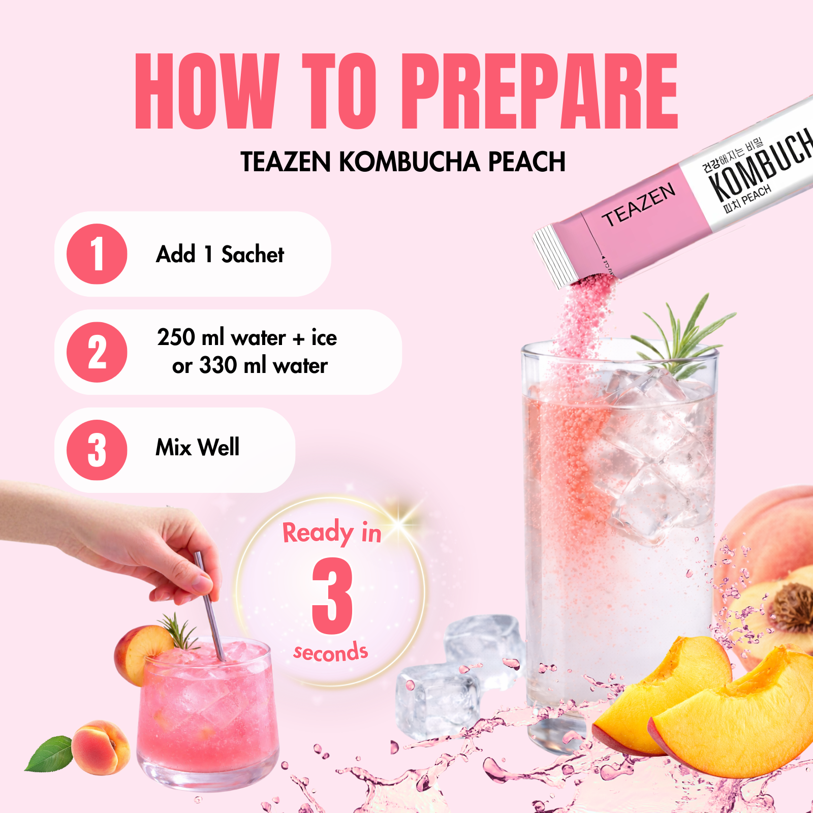 Teazen Peach Kombucha | Sugar-Free Probiotic Gut Health Drink Mix | 10 Sachets (50g)