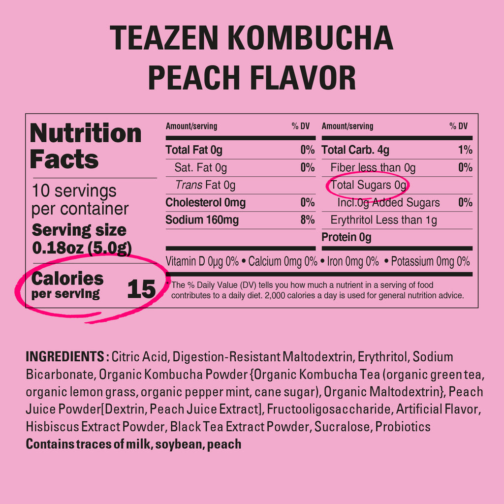 Teazen Peach Kombucha | Sugar-Free Probiotic Gut Health Drink Mix | 10 Sachets (50g)