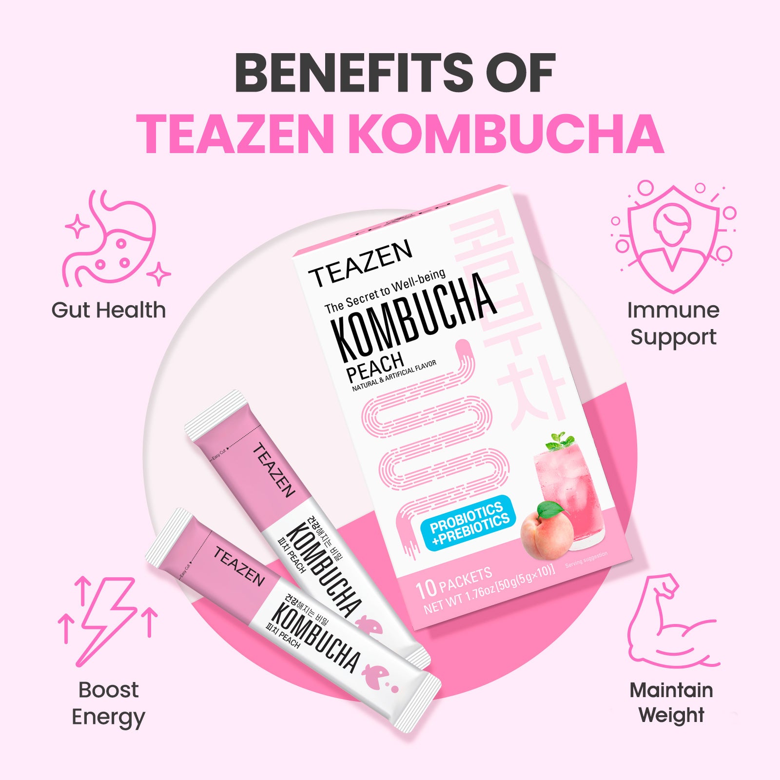 Teazen Peach Kombucha | Sugar-Free Probiotic Gut Health Drink Mix | 10 Sachets (50g)