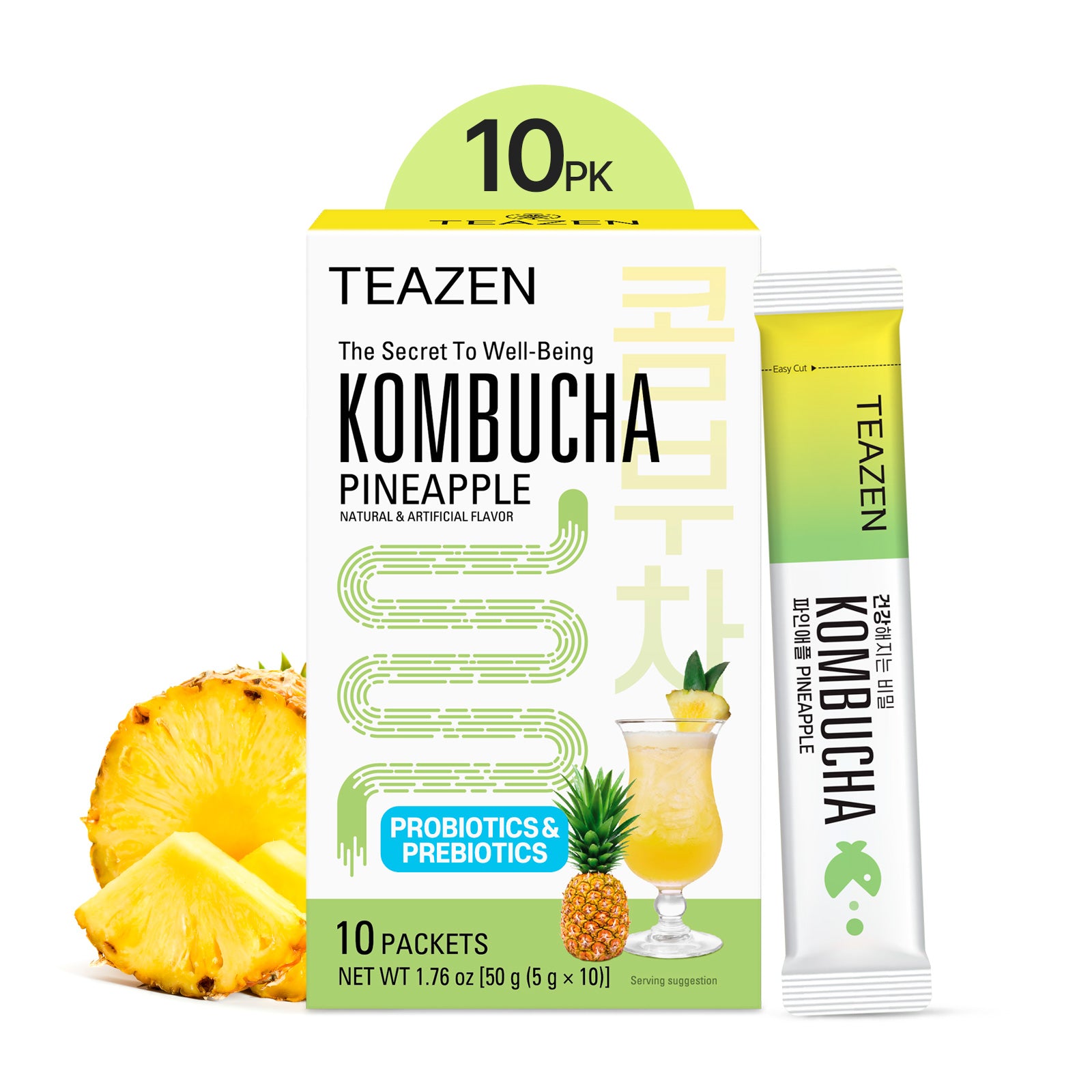 Teazen Pineapple Kombucha | Sugar-Free Probiotic Gut Health Drink Mix | 10 Sachets (50g)