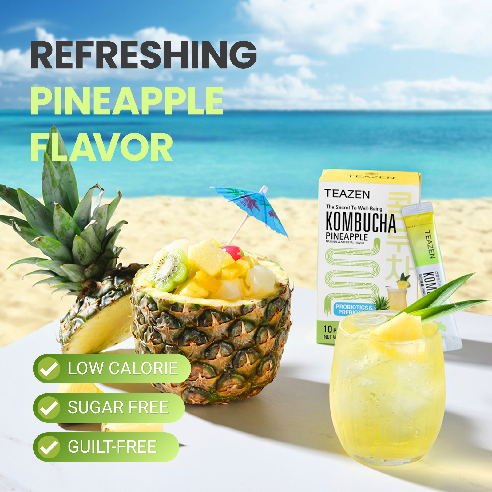 Teazen Pineapple Kombucha | Sugar-Free Probiotic Gut Health Drink Mix | 10 Sachets (50g)