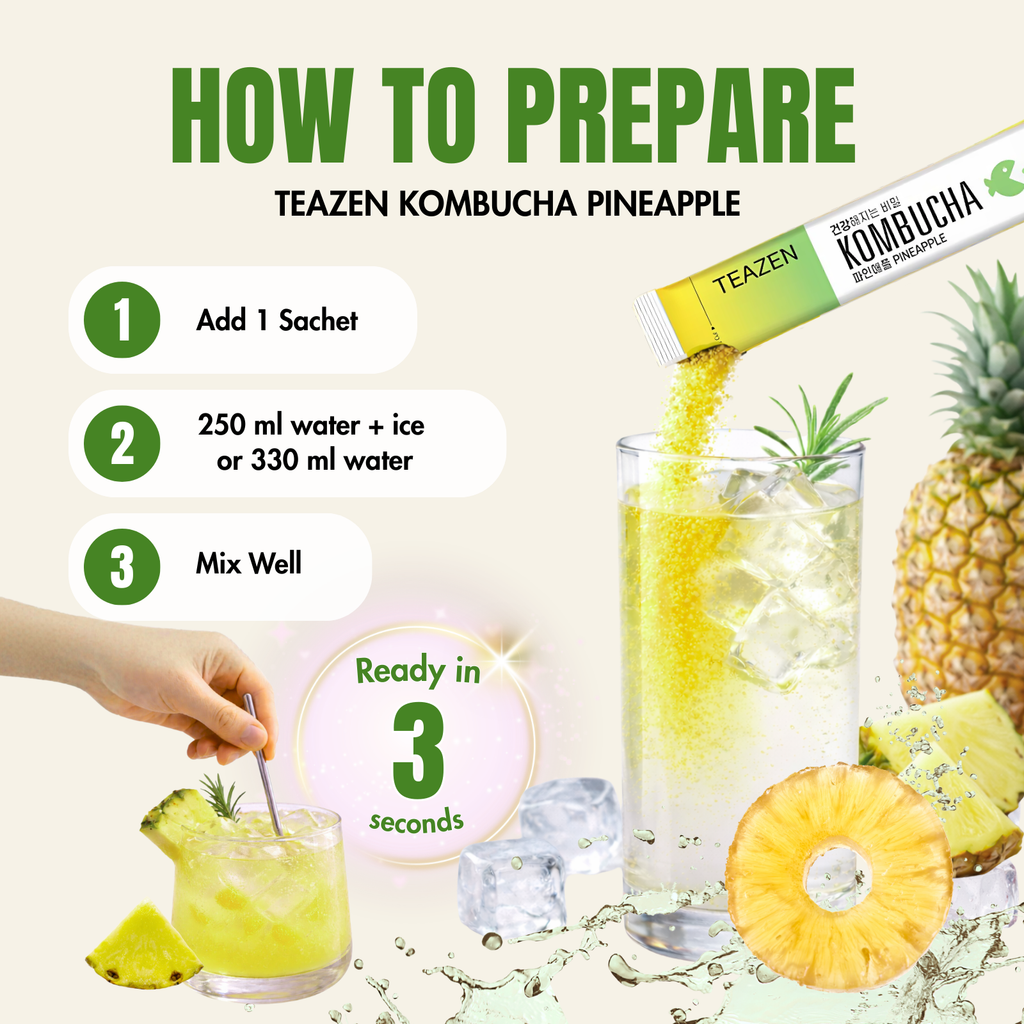 Teazen Pineapple Kombucha | Sugar-Free Probiotic Gut Health Drink Mix | 10 Sachets (50g)