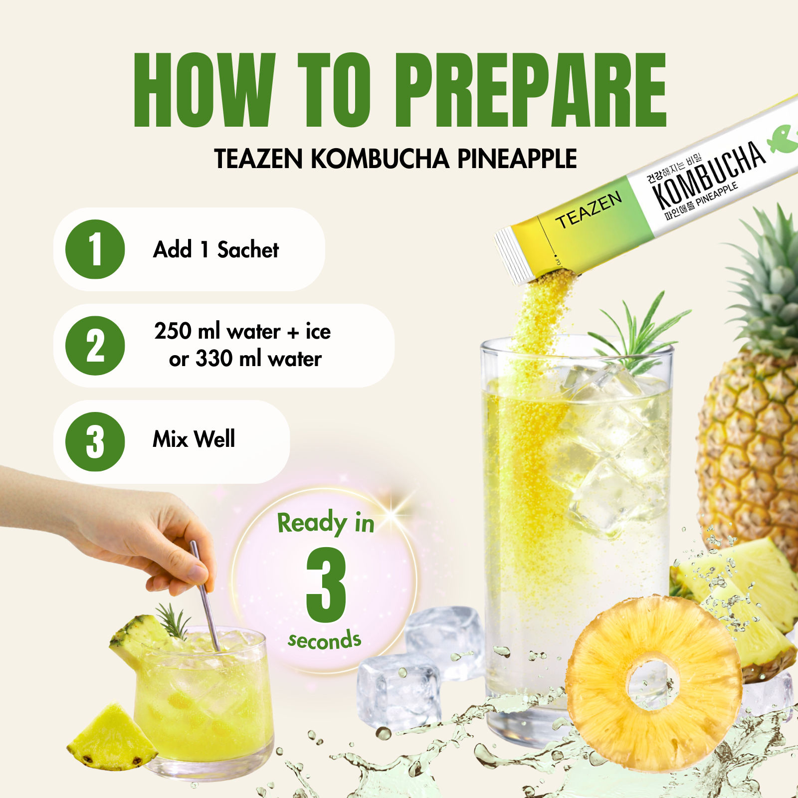 Teazen Pineapple Kombucha | Sugar-Free Probiotic Gut Health Drink Mix | 10 Sachets (50g)