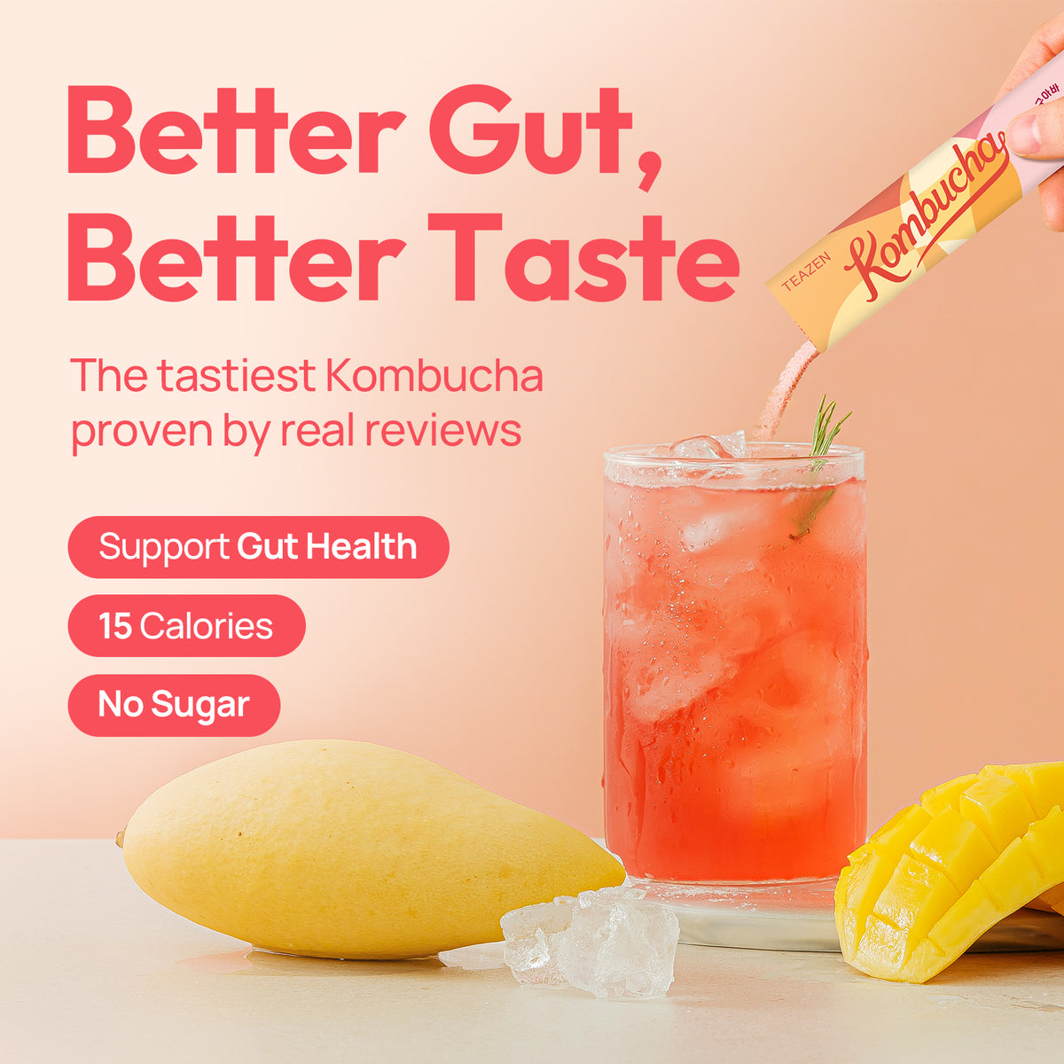 TWICE x TEAZEN Mango Guava Kombucha | Sugar-Free Probiotic Gut Health Drink Mix | 10 Sachets (50g)