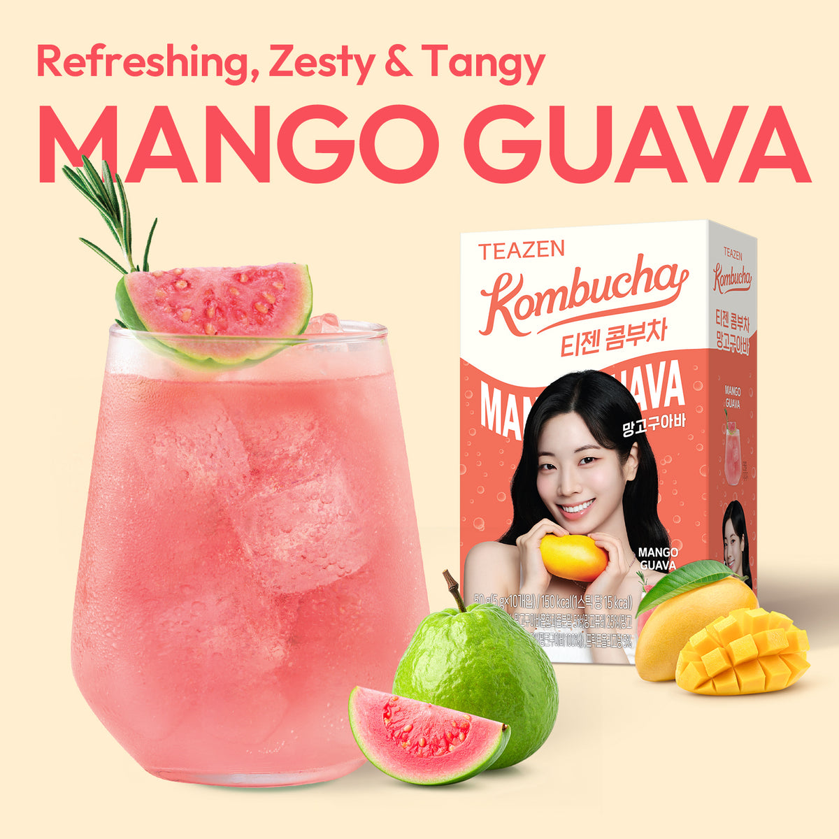 TWICE x TEAZEN Mango Guava Kombucha | Sugar-Free Probiotic Gut Health Drink Mix | 10 Sachets (50g)