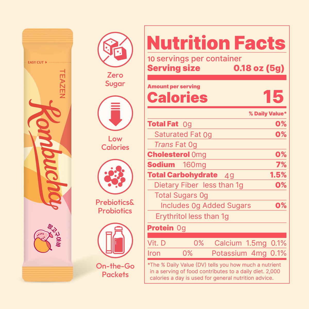 TWICE x TEAZEN Mango Guava Kombucha | Sugar-Free Probiotic Gut Health Drink Mix | 10 Sachets (50g)