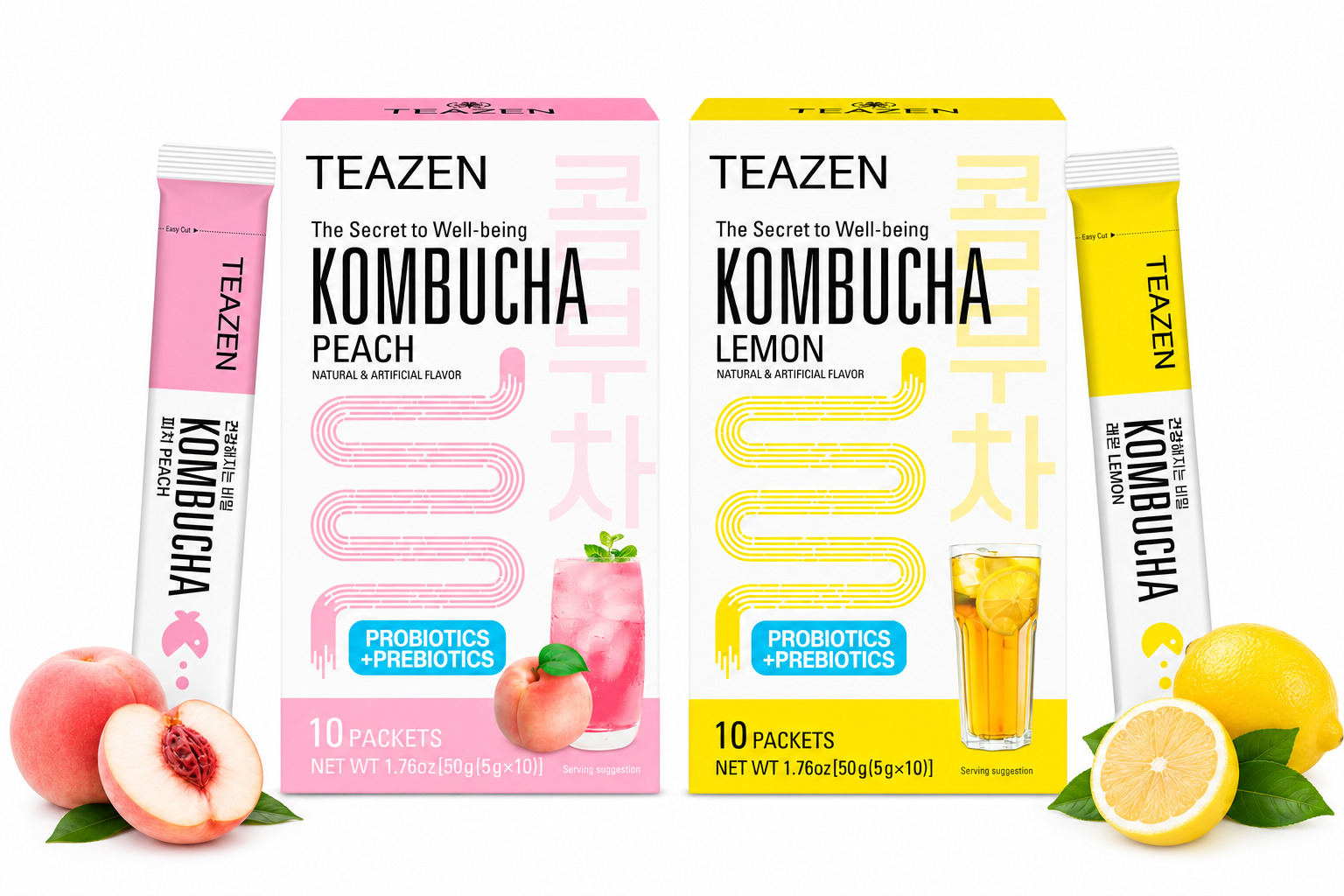 TEAZEN Korean Kombucha Rejuvenating Pack (Peach + Lemon) | Sugar-Free, Probiotic Gut Health Drink Mix | 20 Sachets (100g)
